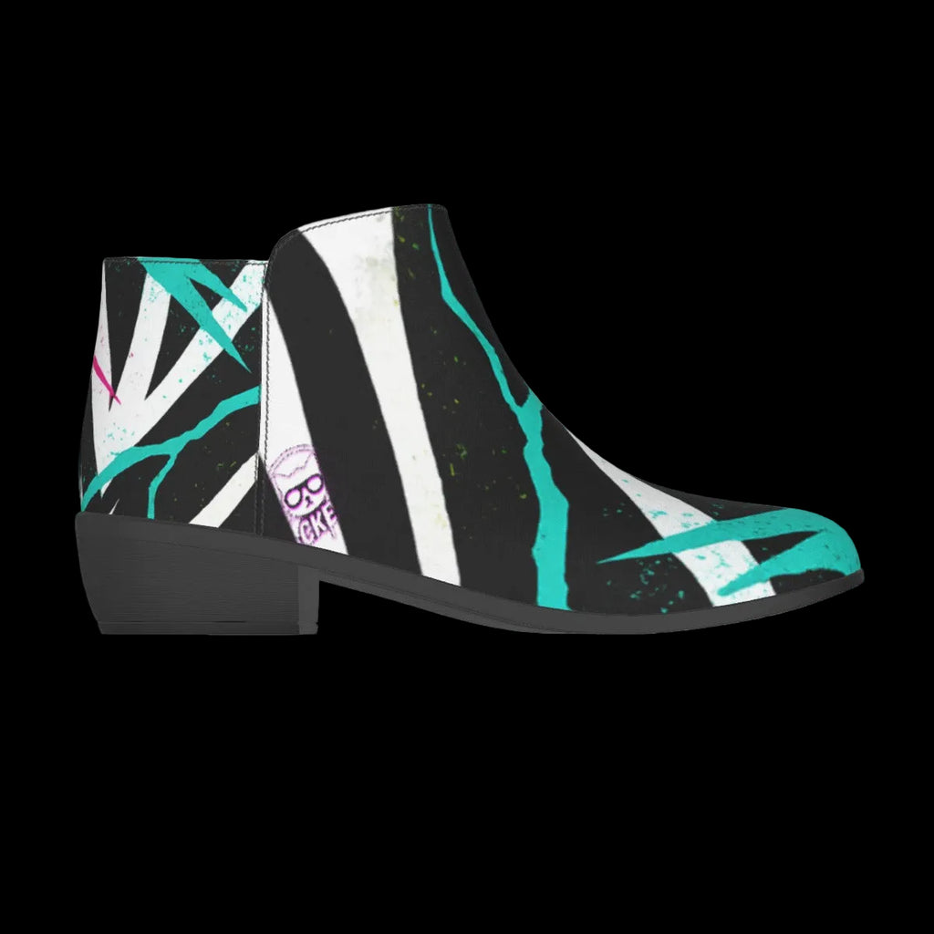 Black-and-white geometric boots with vibrant neon cyan and pink accents, featuring a sleek silhouette and sturdy outsole.