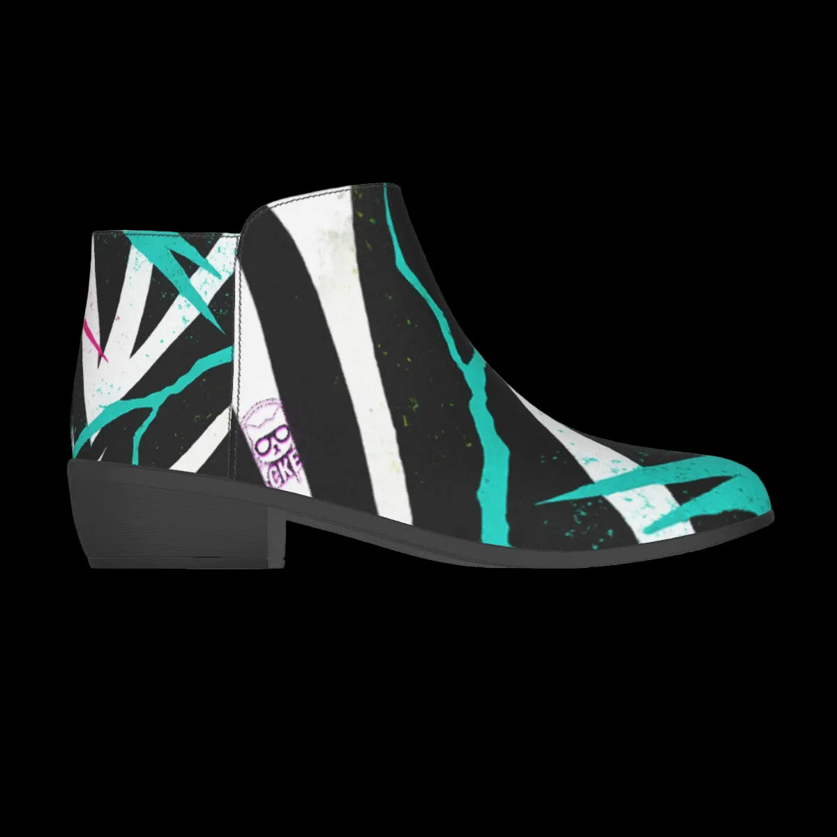 Black-and-white geometric boots with vibrant neon cyan and pink accents, featuring a sleek silhouette and sturdy outsole.