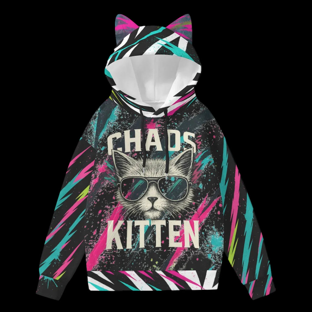 Vibrant all-over print hoodie featuring a cat-ear hood, sunglasses-wearing cat graphic, and 'CHAOS KITTEN' text.