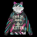 Vibrant all-over print hoodie featuring a cat-ear hood, sunglasses-wearing cat graphic, and 'CHAOS KITTEN' text.