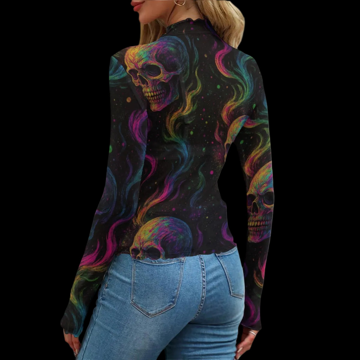 Colorful skull design on a black long-sleeve shirt worn by a person.