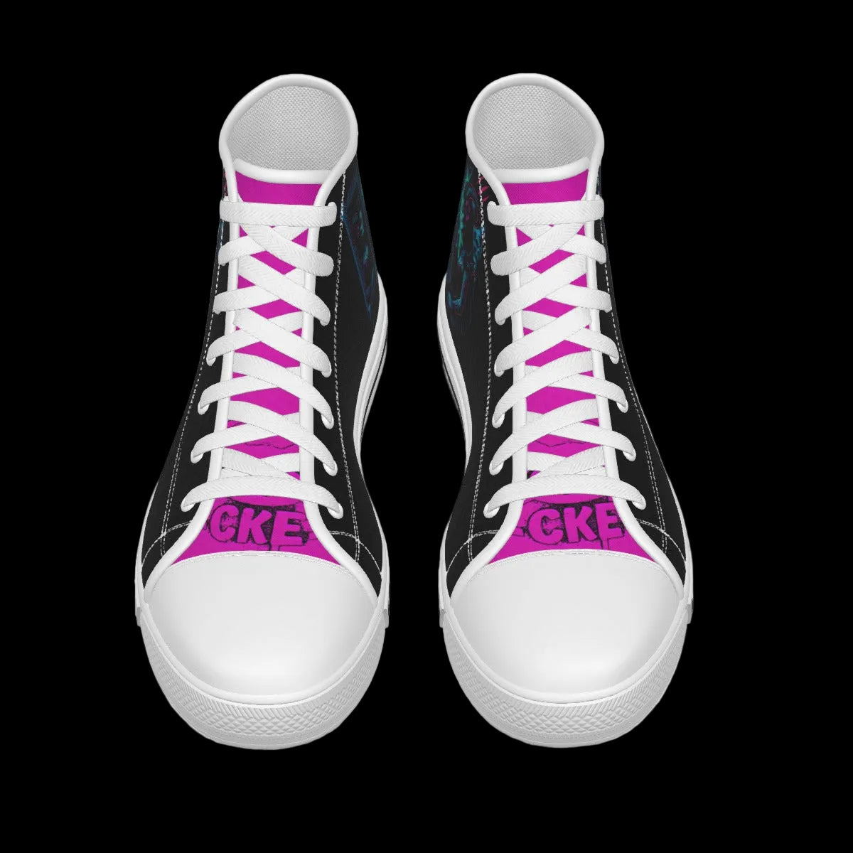 Black high-top canvas shoes with bright pink accents, featuring a graphic design and classic sneaker silhouette.