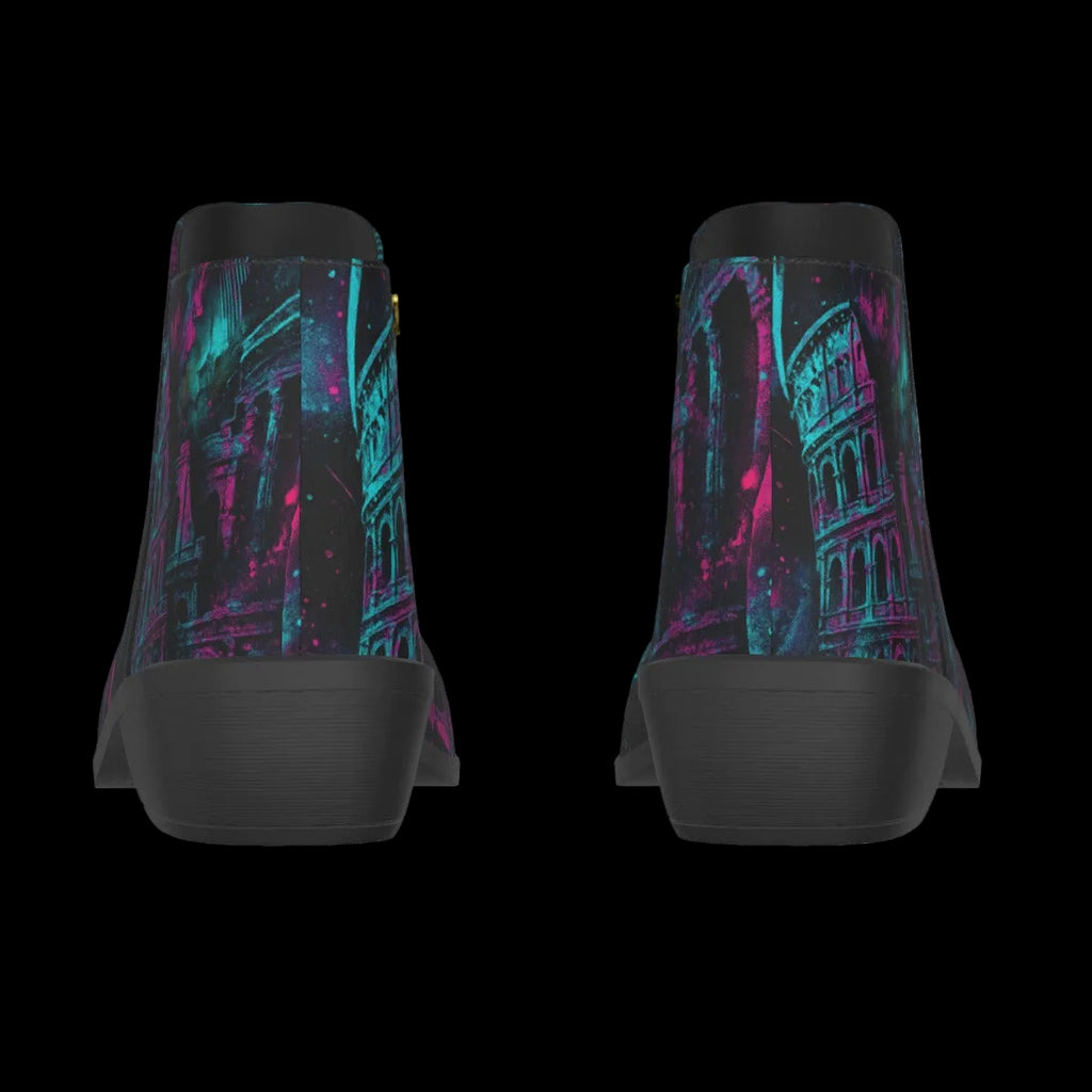Colorful boots featuring a high-contrast Colosseum graphic in electric teal and fluorescent pink against a black sole.