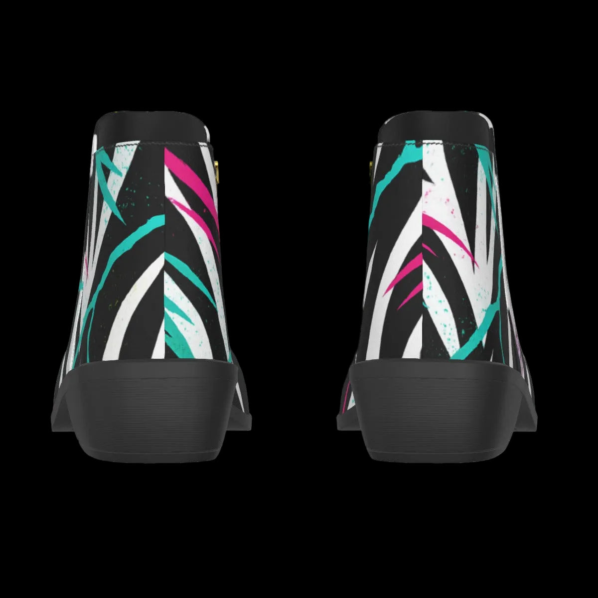 Black-and-white geometric pattern boots with neon cyan and fluorescent pink accents, featuring a solid black heel and sole.