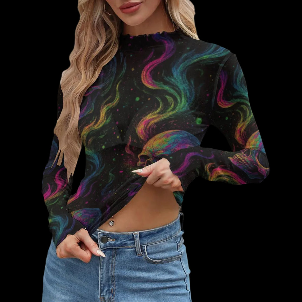 Long-sleeve mesh t-shirt featuring a vibrant skull design within colorful nebula patterns, perfect for alternative fashion.