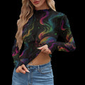 Long-sleeve mesh t-shirt featuring a vibrant skull design within colorful nebula patterns, perfect for alternative fashion.