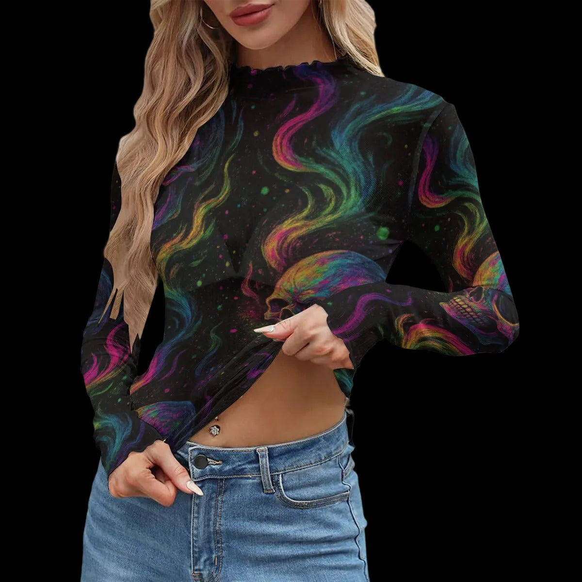 Long-sleeve mesh t-shirt featuring a vibrant skull design within colorful nebula patterns, perfect for alternative fashion.