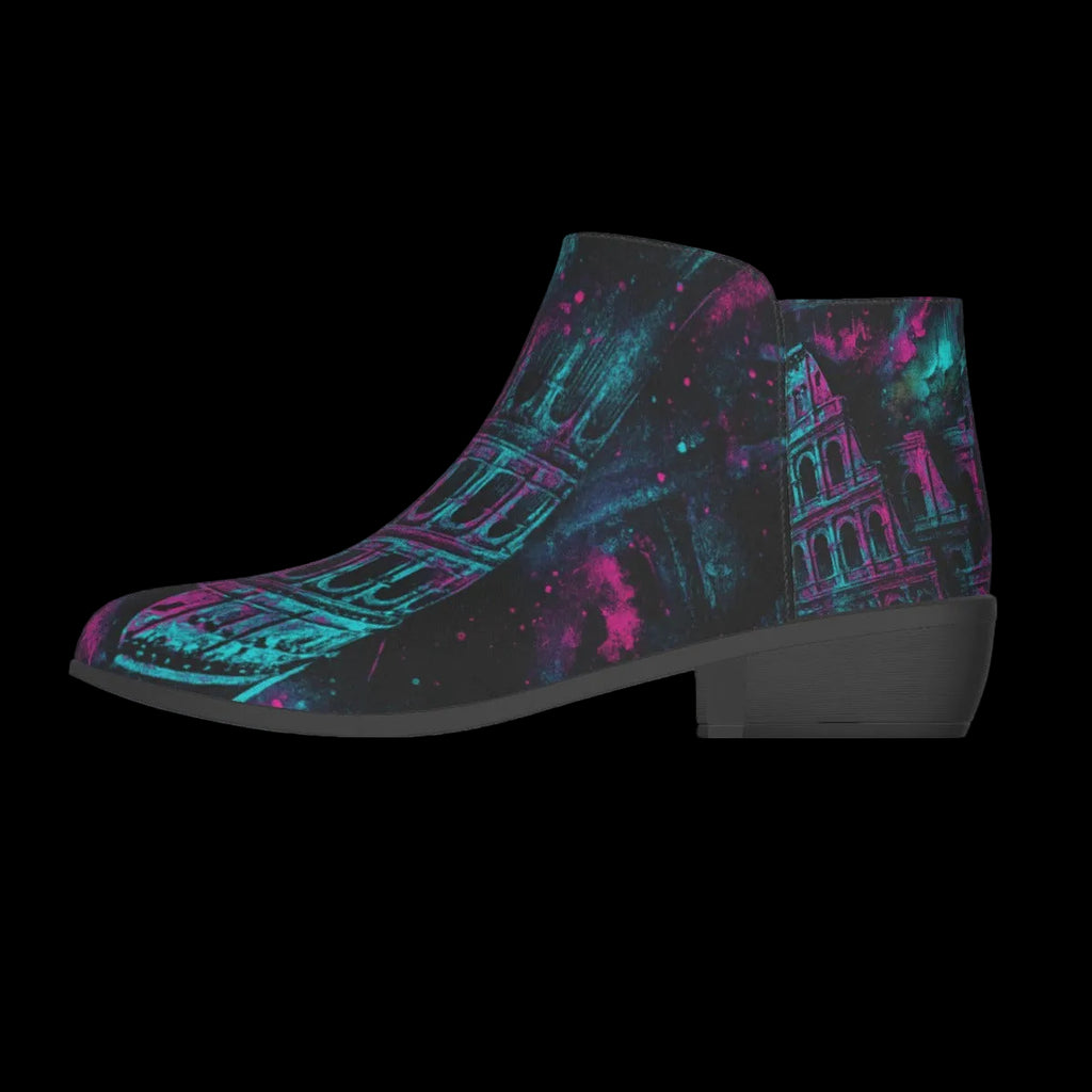 Colorful boots featuring a high-contrast Colosseum graphic in electric teal and fluorescent pink, blending steampunk and streetwear styles.