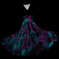 Black dress featuring a vibrant Colosseum print in electric teal and neon magenta with a slanted V-neckline and fitted silhouette.