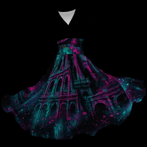 Yoycol Colosseum Neon Revolution V-neck midi dress in vibrant neon colors, stylish apparel with a V-neck design and midi length.