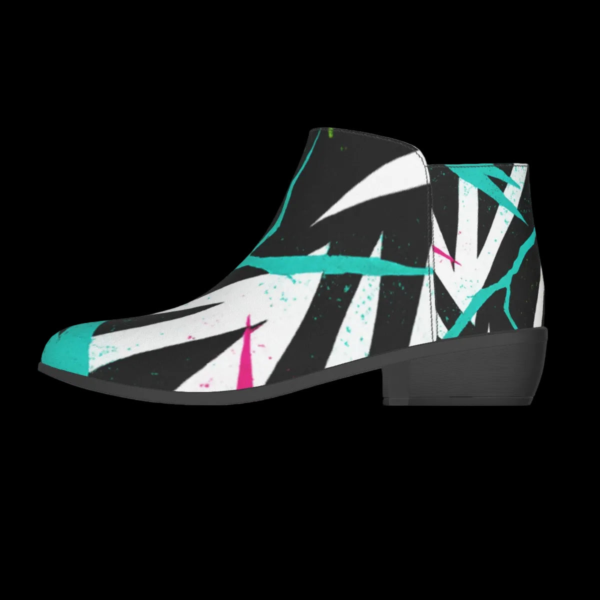Black-and-white geometric fashion boots with neon cyan and fluorescent pink accents, featuring a sleek silhouette.