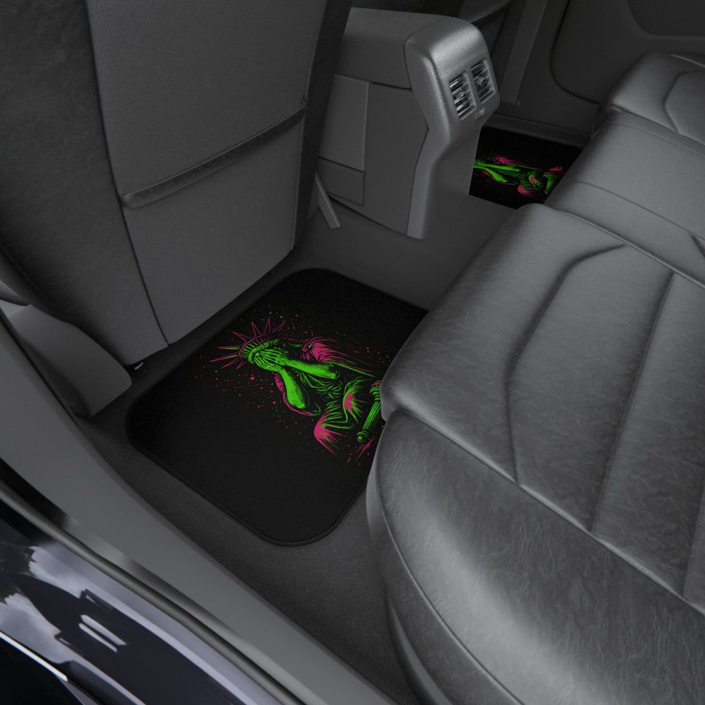 Neon Liberty car mat set by Chaos Kitten Emporium® with vibrant neon designs, made for vehicle interior accessories.