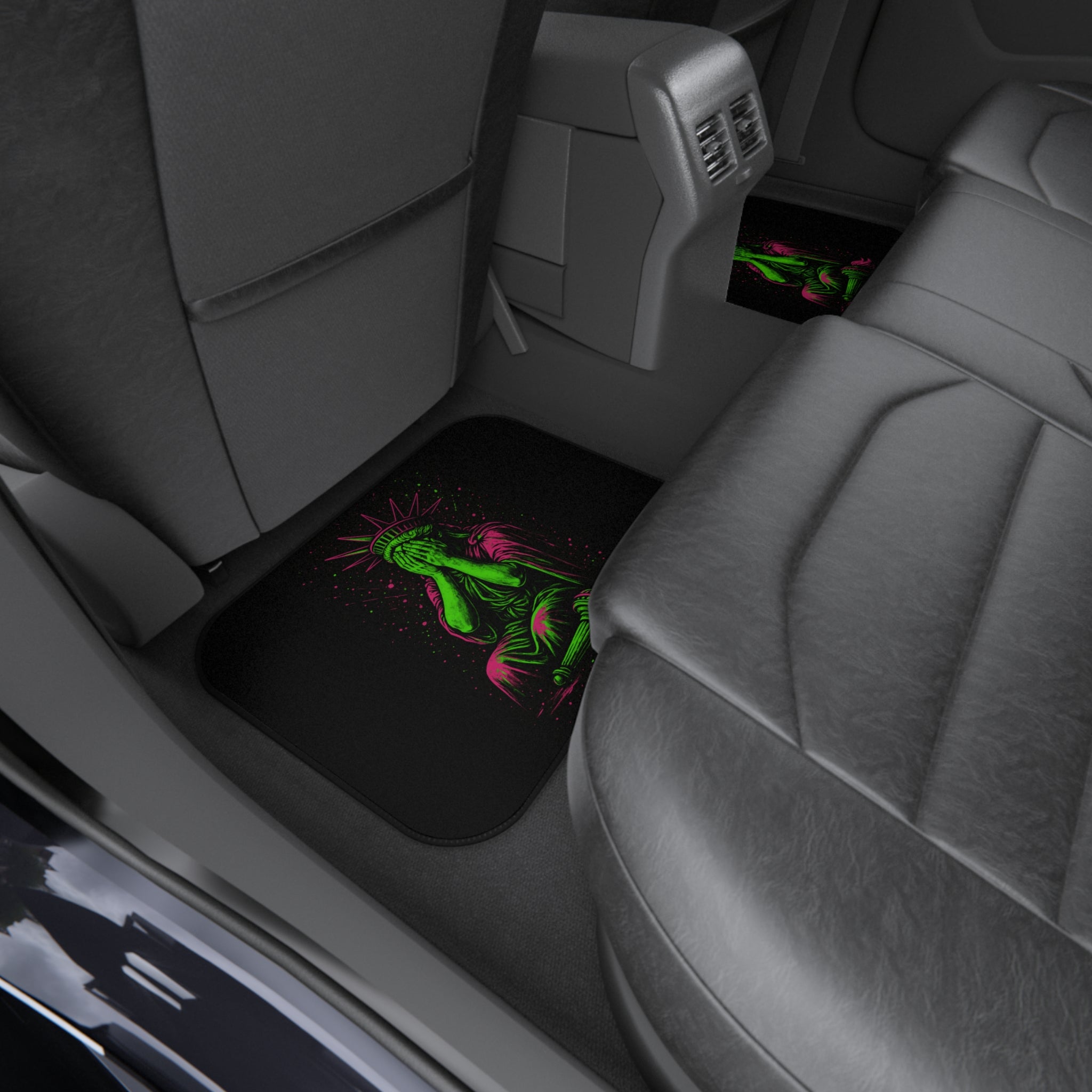 Neon Liberty car mat set by Chaos Kitten Emporium® with vibrant neon designs, made for vehicle interior accessories.