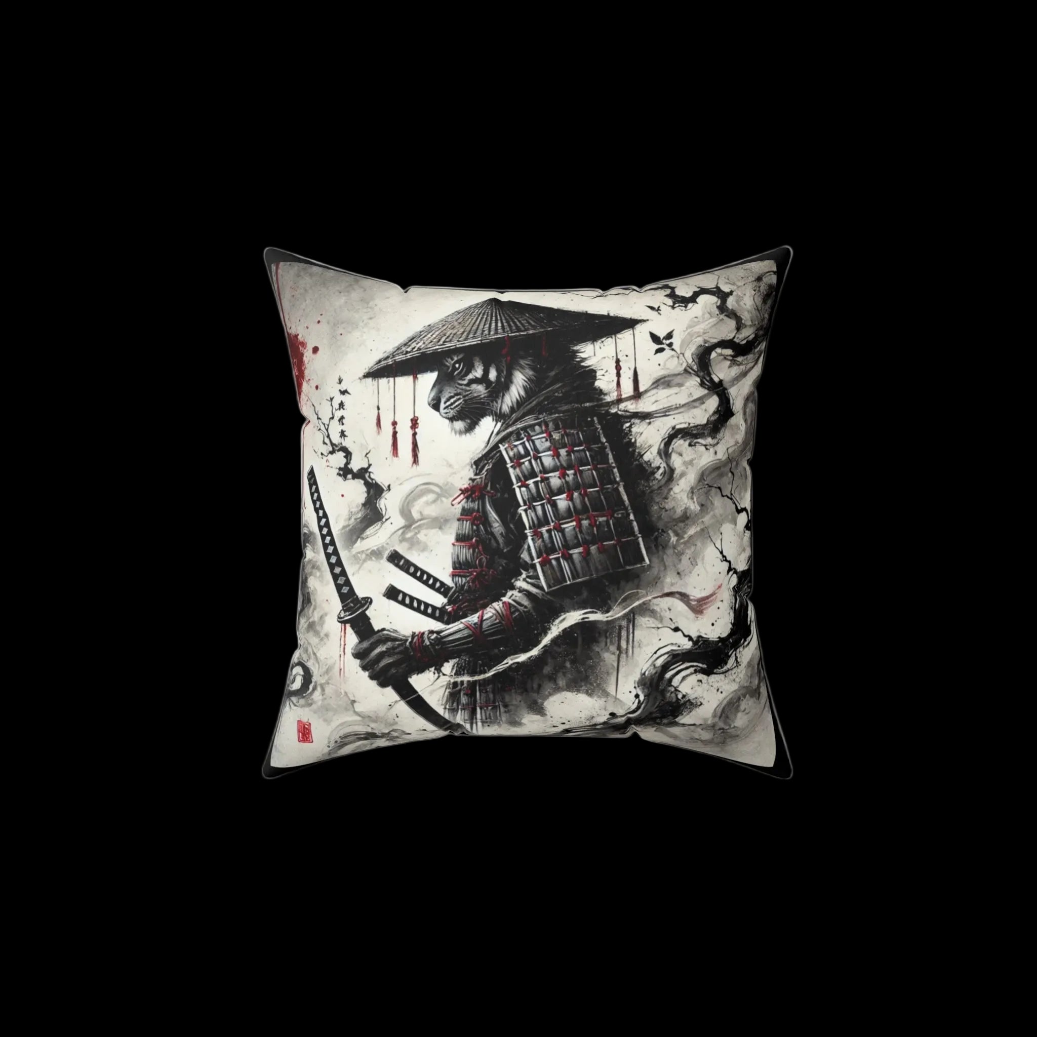 Samurai Tiger Pillow from Chaos Kitten Emporium, Japanese art cushion with bold tiger and samurai design, perfect for home decor.