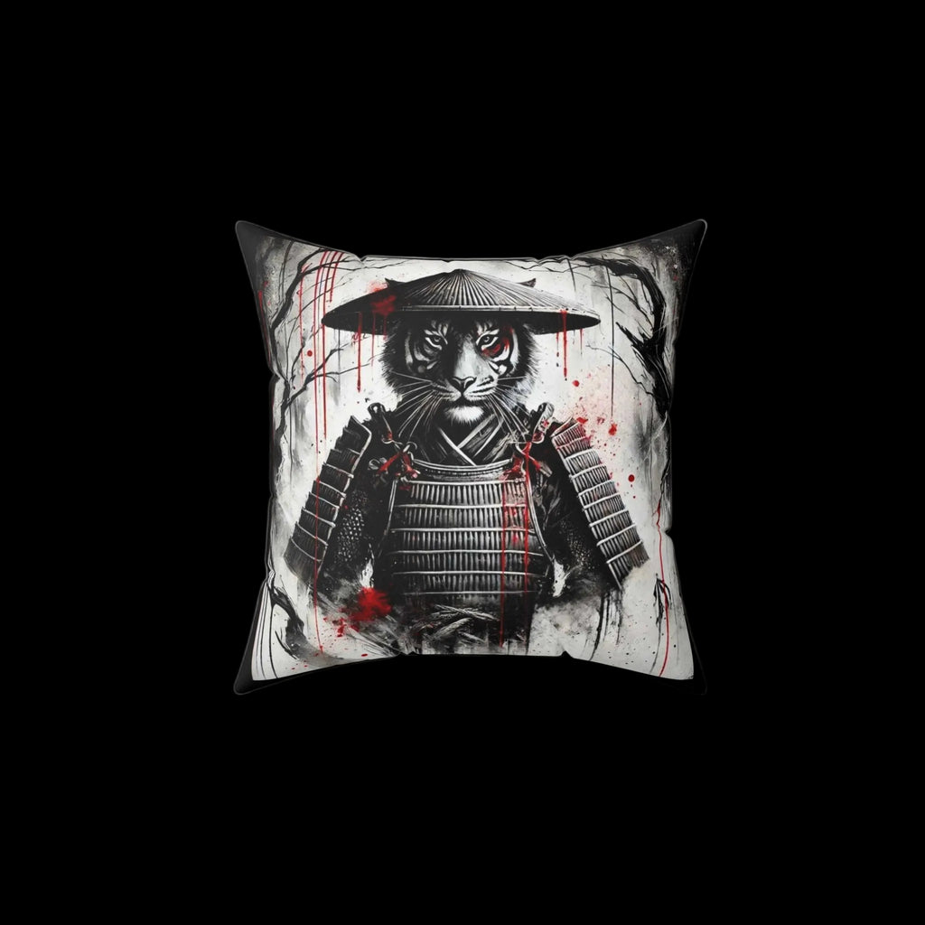 Samurai tiger throw pillow featuring bold tiger design, perfect for home decor, by Printify for chaos kitten emporium.