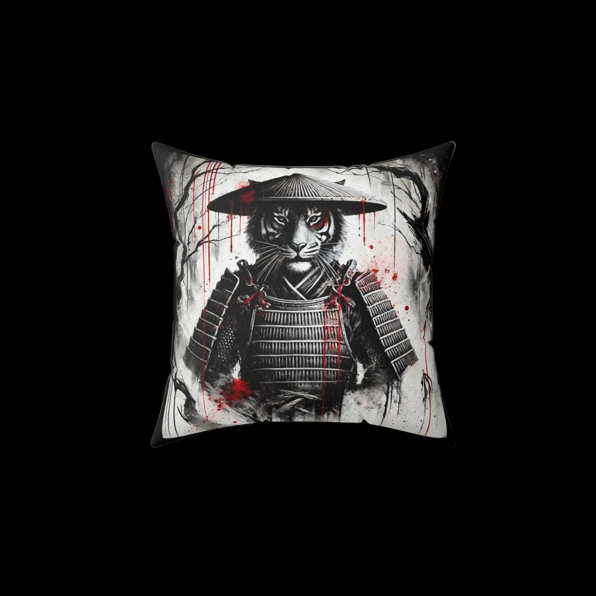 Samurai tiger throw pillow featuring bold tiger design, perfect for home decor, by Printify for chaos kitten emporium.