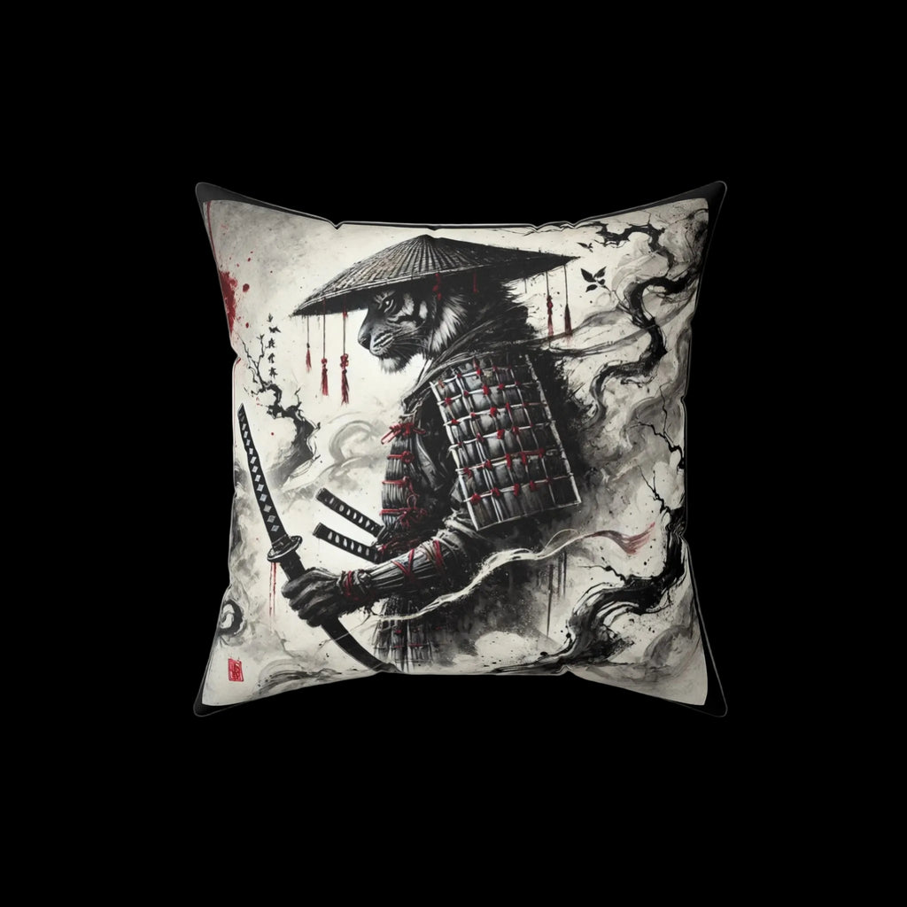 Samurai Tiger pillow with Japanese art design, decorative cushion for home decor, from Chaos Kitten Emporium by Printify