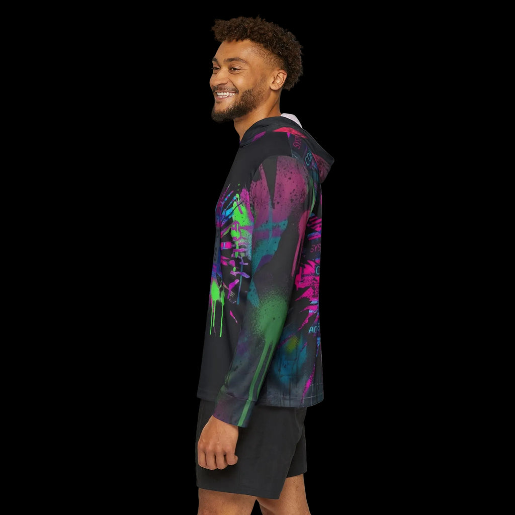 Bold glitch-inspired graphic hoodie in vibrant colors, perfect for outdoor activities and active streetwear.