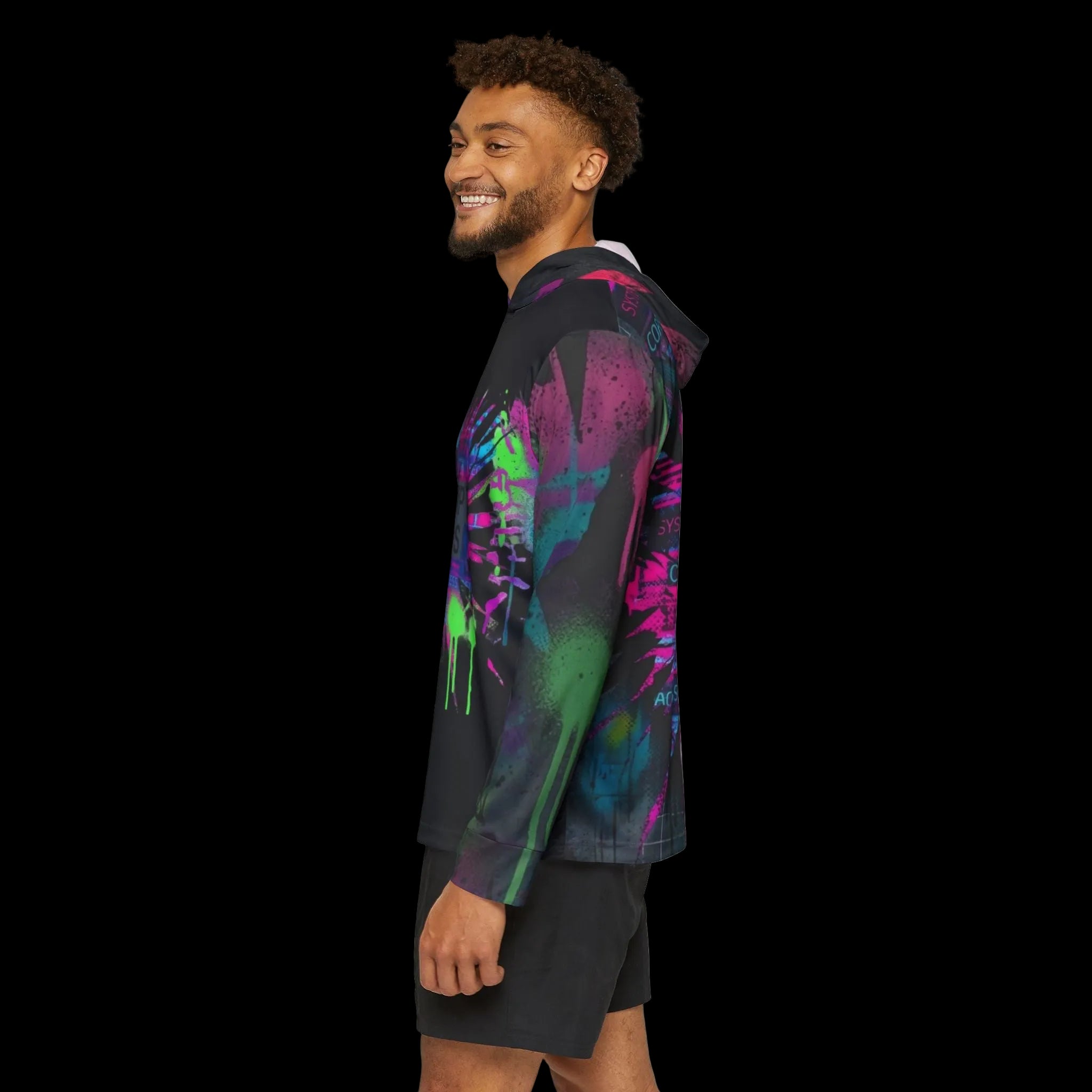 Bold glitch-inspired graphic hoodie in vibrant colors, perfect for outdoor activities and active streetwear.