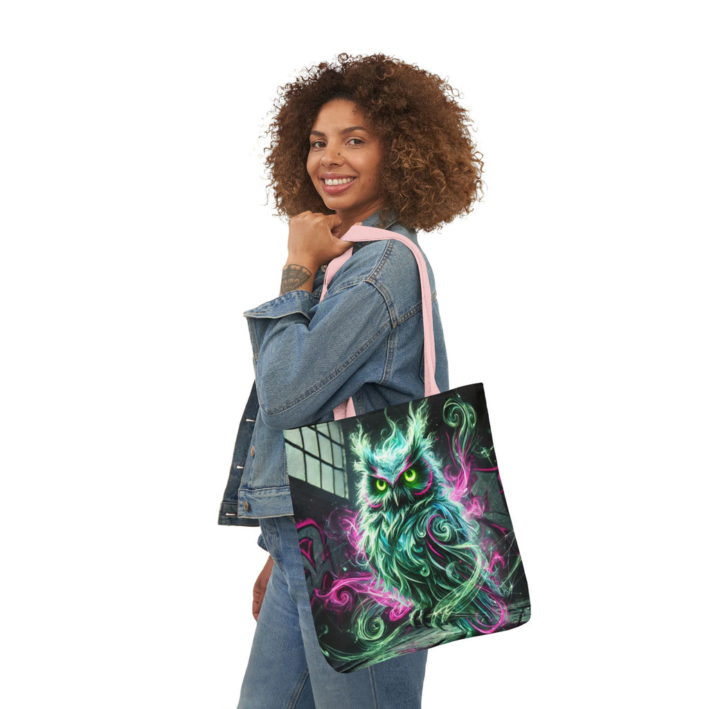Mystic Owl all-over print tote bag featuring gothic design, made by Printify, with detailed owl and mystical patterns.