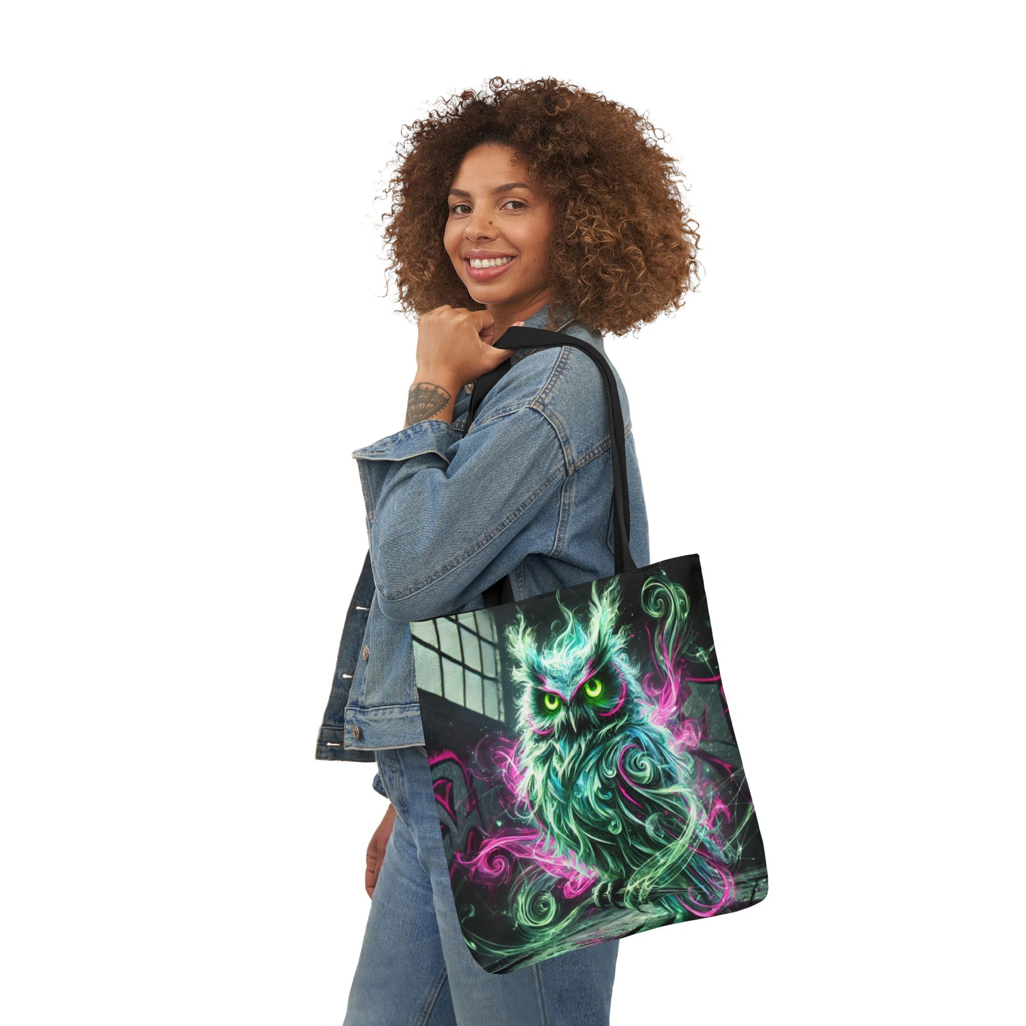 Mystic Owl all-over print tote bag with gothic design, featuring detailed owl and moon illustrations on black fabric.