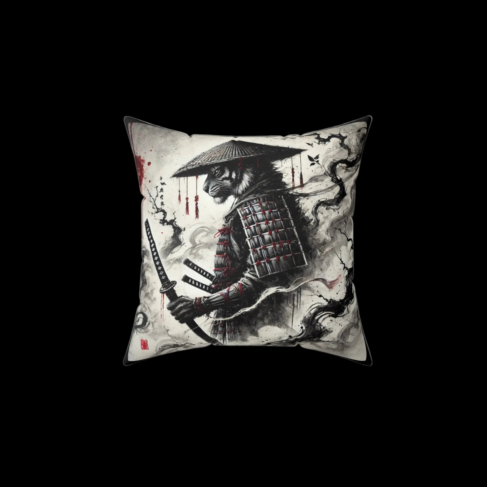 Samurai Tiger pillow featuring Japanese art design, decorative cushion for home decor by Chaos Kitten Emporium® and Printify