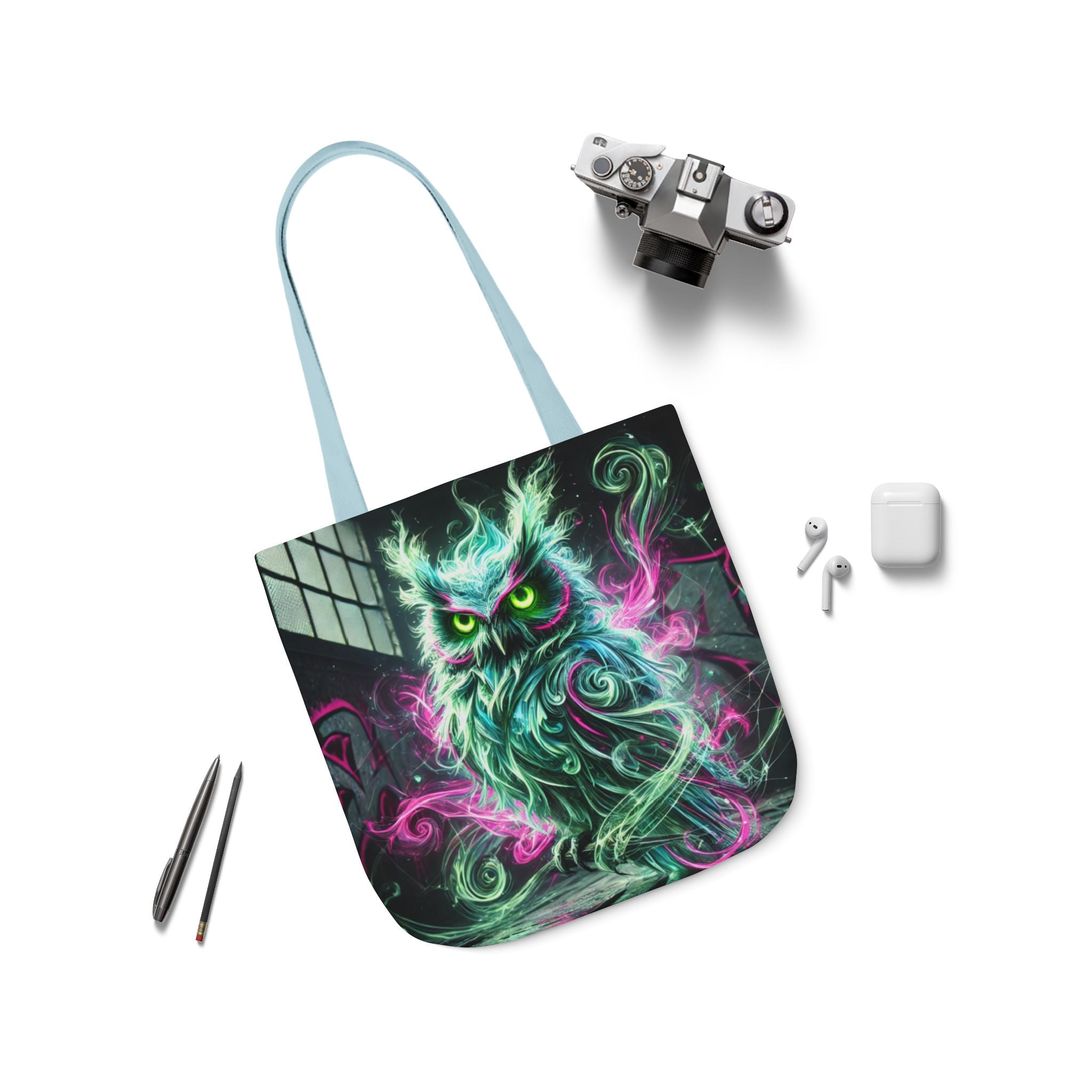 Mystic Owl all-over print tote bag featuring gothic owl design, made by Printify for Chaos Kitten Emporium® accessories.