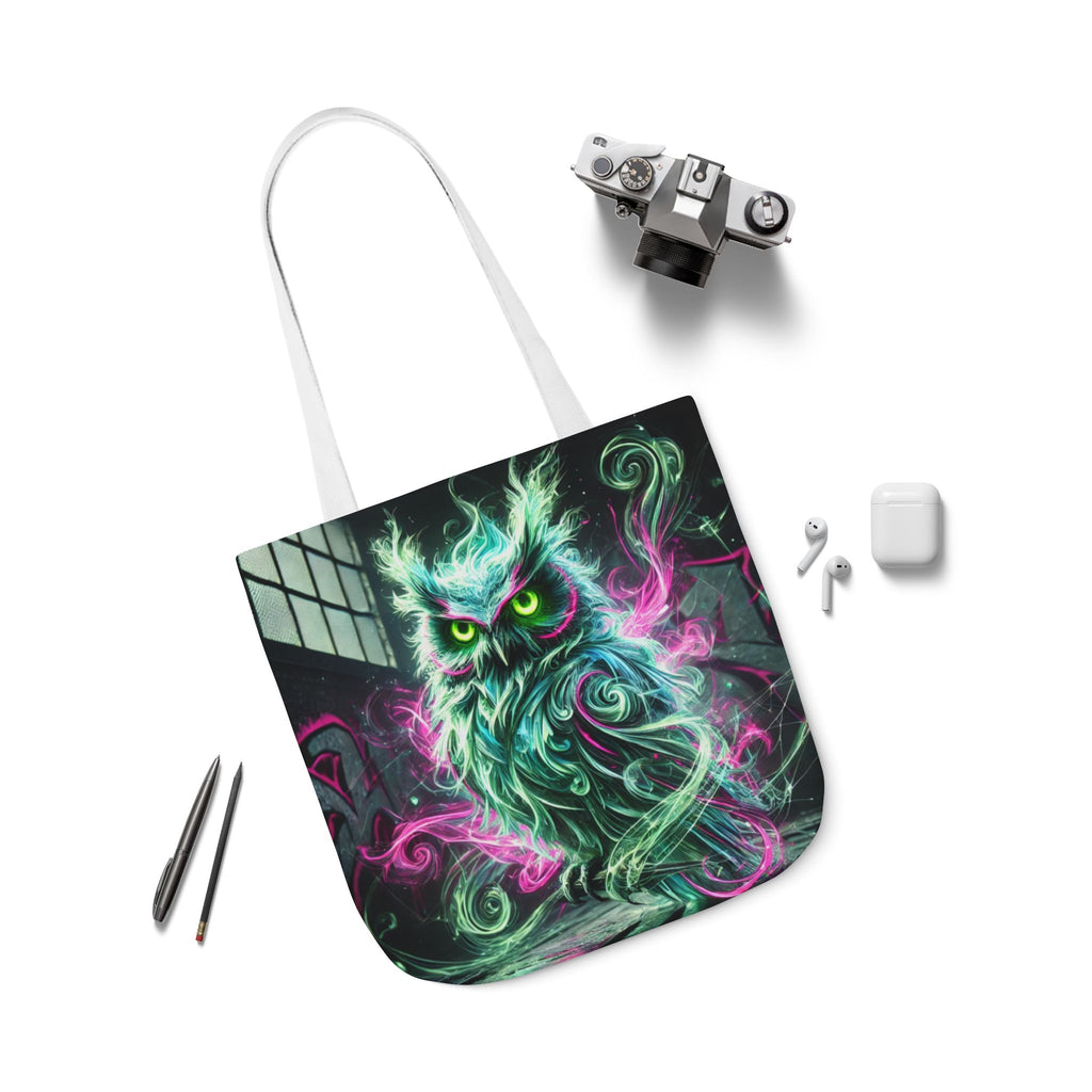 Mystic Owl all-over print tote bag with gothic design, featuring detailed owl artwork on black fabric, by Printify for Chaos Kitten Emporium.