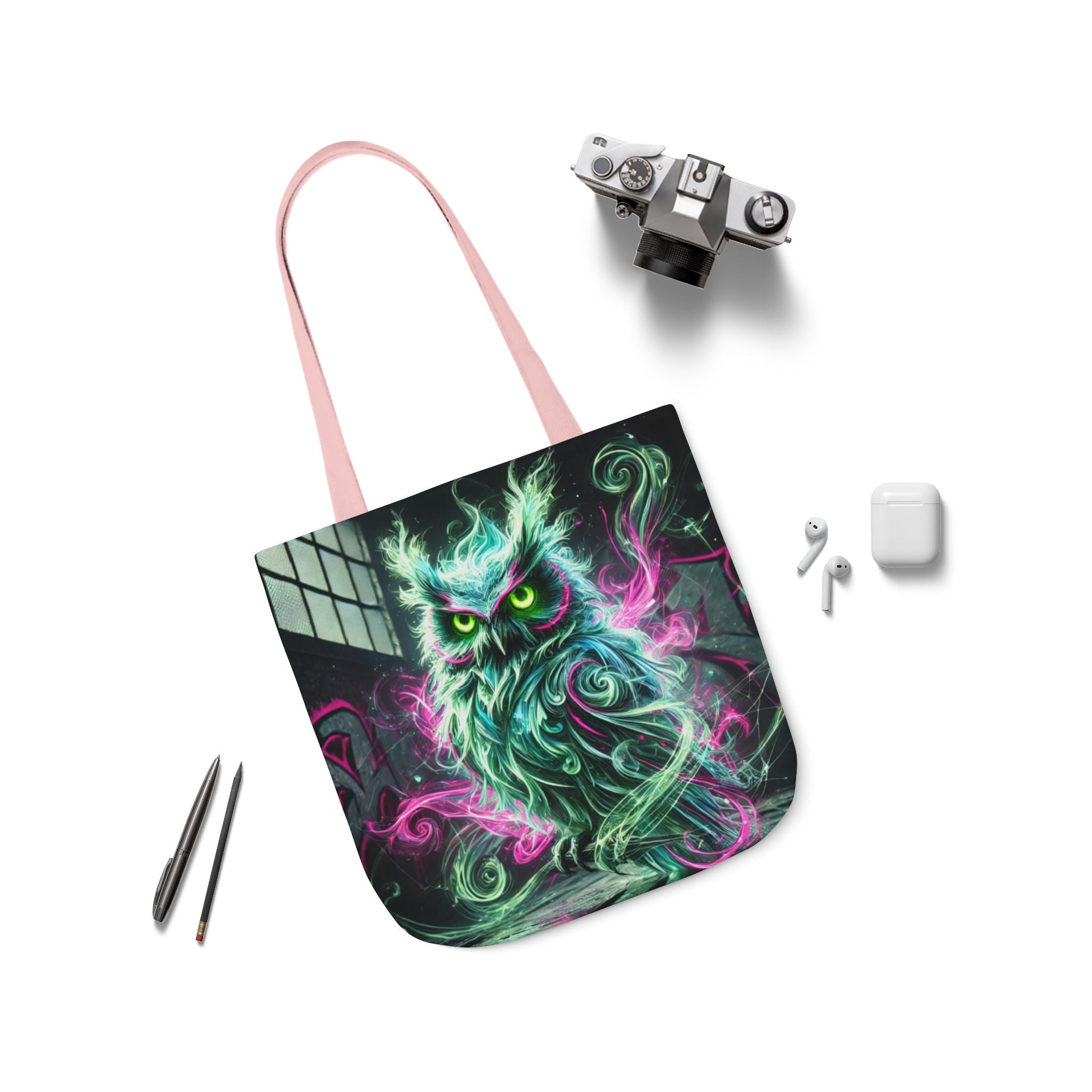 Mystic Owl all-over print tote bag featuring gothic design, black and purple color scheme, made by Printify for Chaos Kitten Emporium.