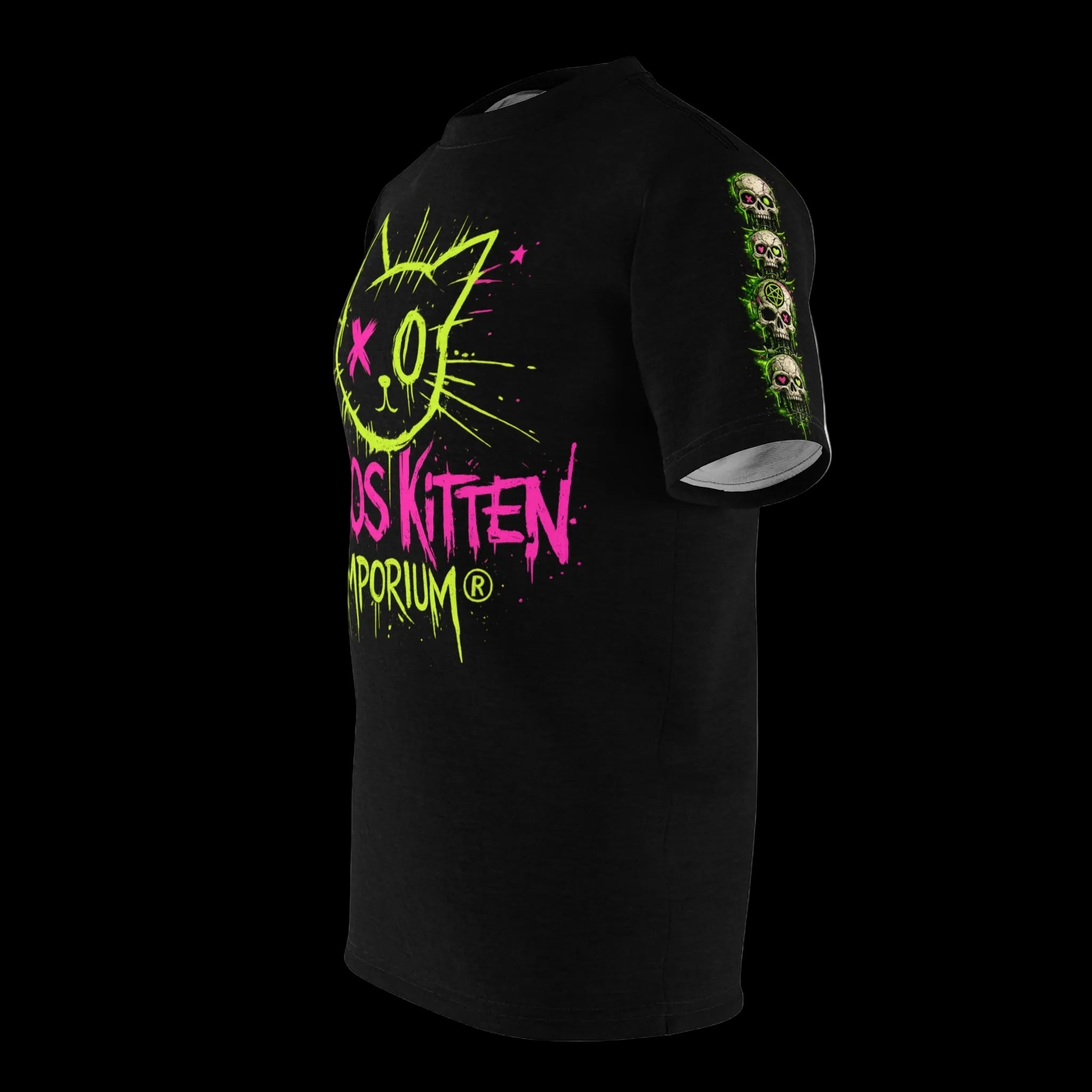All over print Chaos Kitten graphic tee featuring a gothic design, displayed on a model showcasing the vibrant print and style.