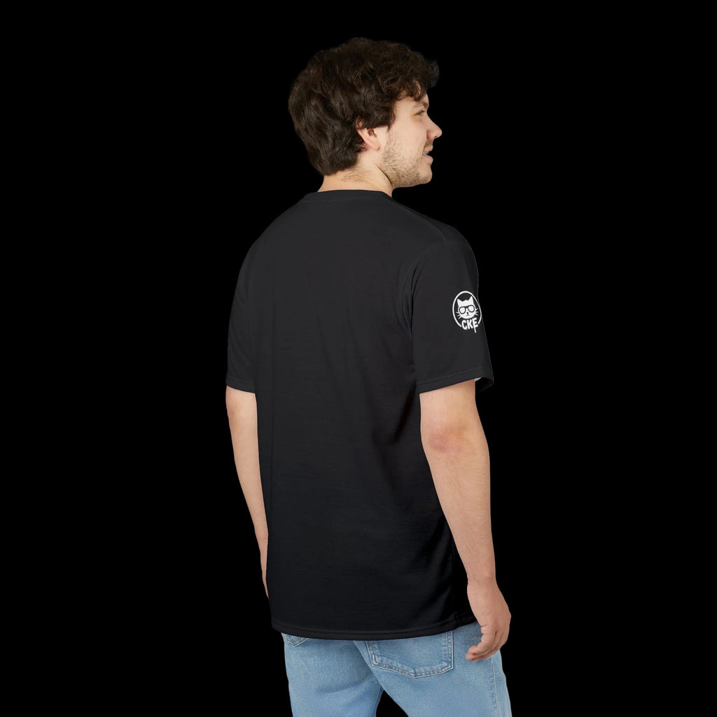Black t-shirt featuring a vibrant mechanical eye graphic from Chaos Kitten Emporium® on the front.