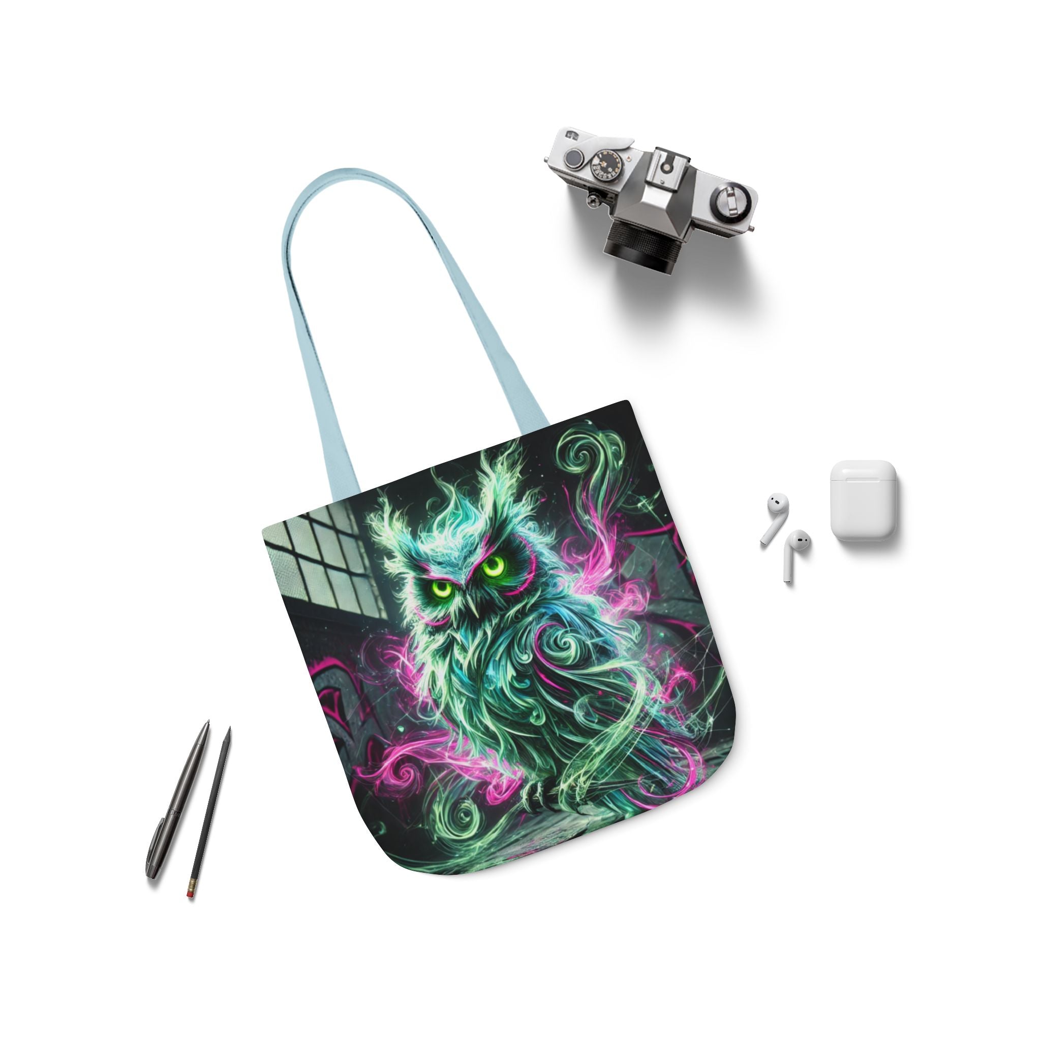 Mystic Owl all-over print tote bag with gothic design, featuring an intricate owl illustration on black fabric.