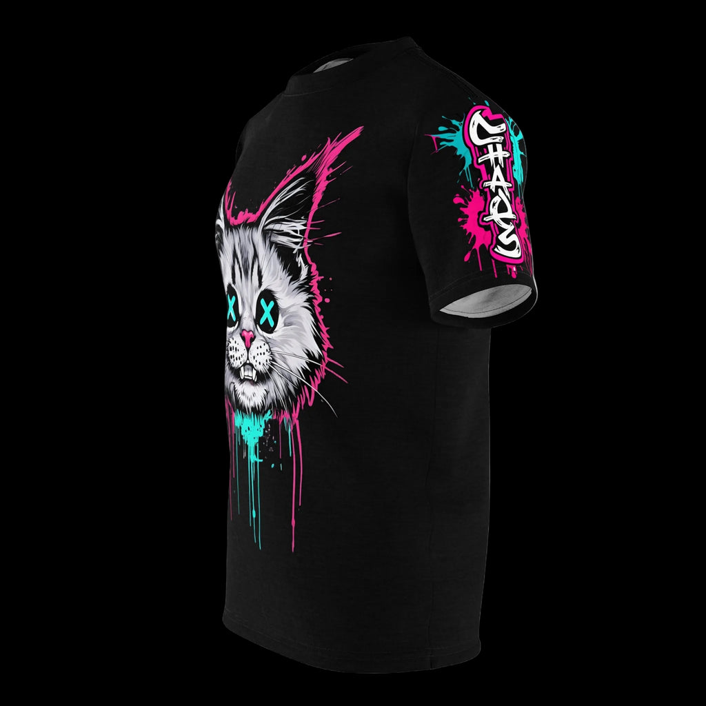 All-over print graffiti grunge cat graphic tee by Chaos Kitten Emporium® featuring gothic-style graffiti art and a rebellious feline design.