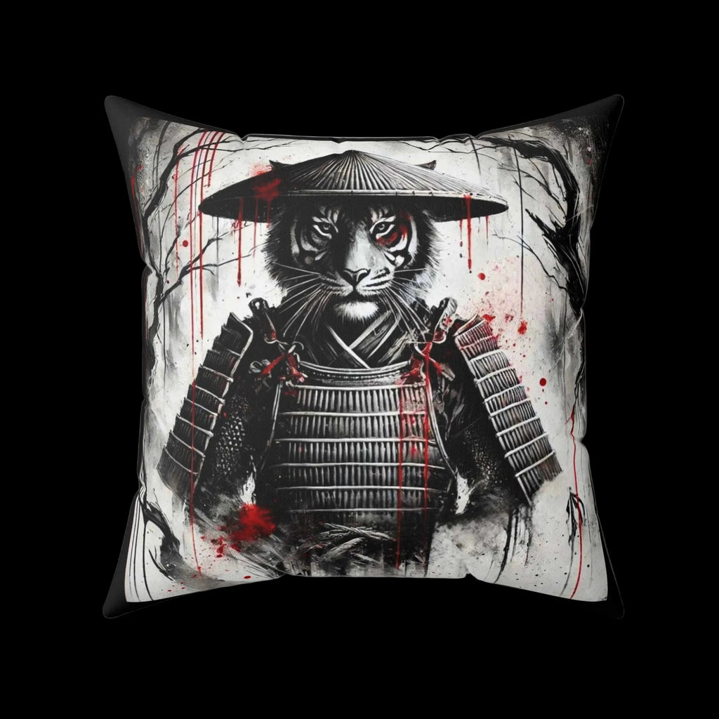 Samurai Tiger throw pillow featuring a detailed tiger design, perfect for home decor, by Printify for Chaos Kitten Emporium.