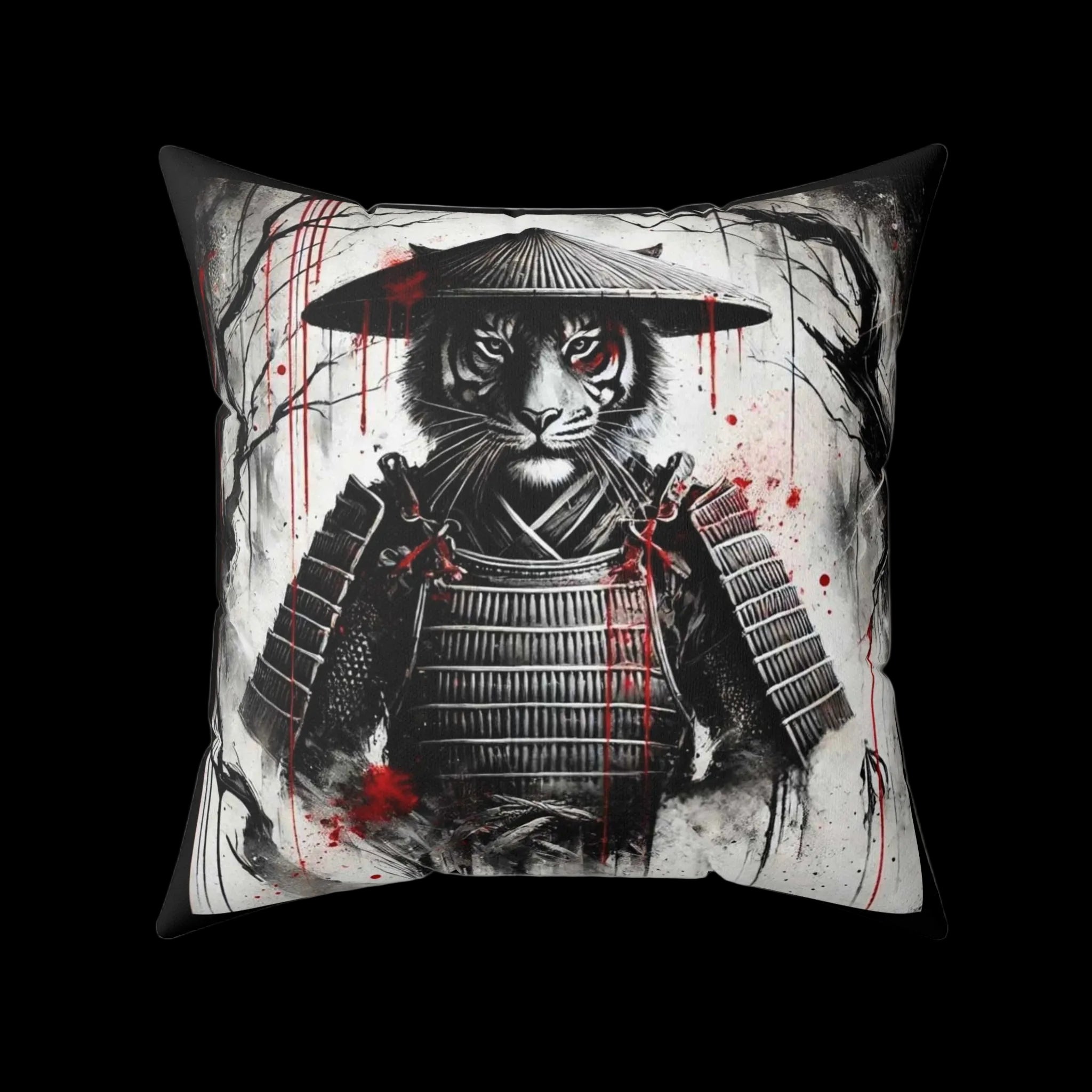 Samurai Tiger throw pillow featuring a detailed tiger design, perfect for home decor, by Printify for Chaos Kitten Emporium.