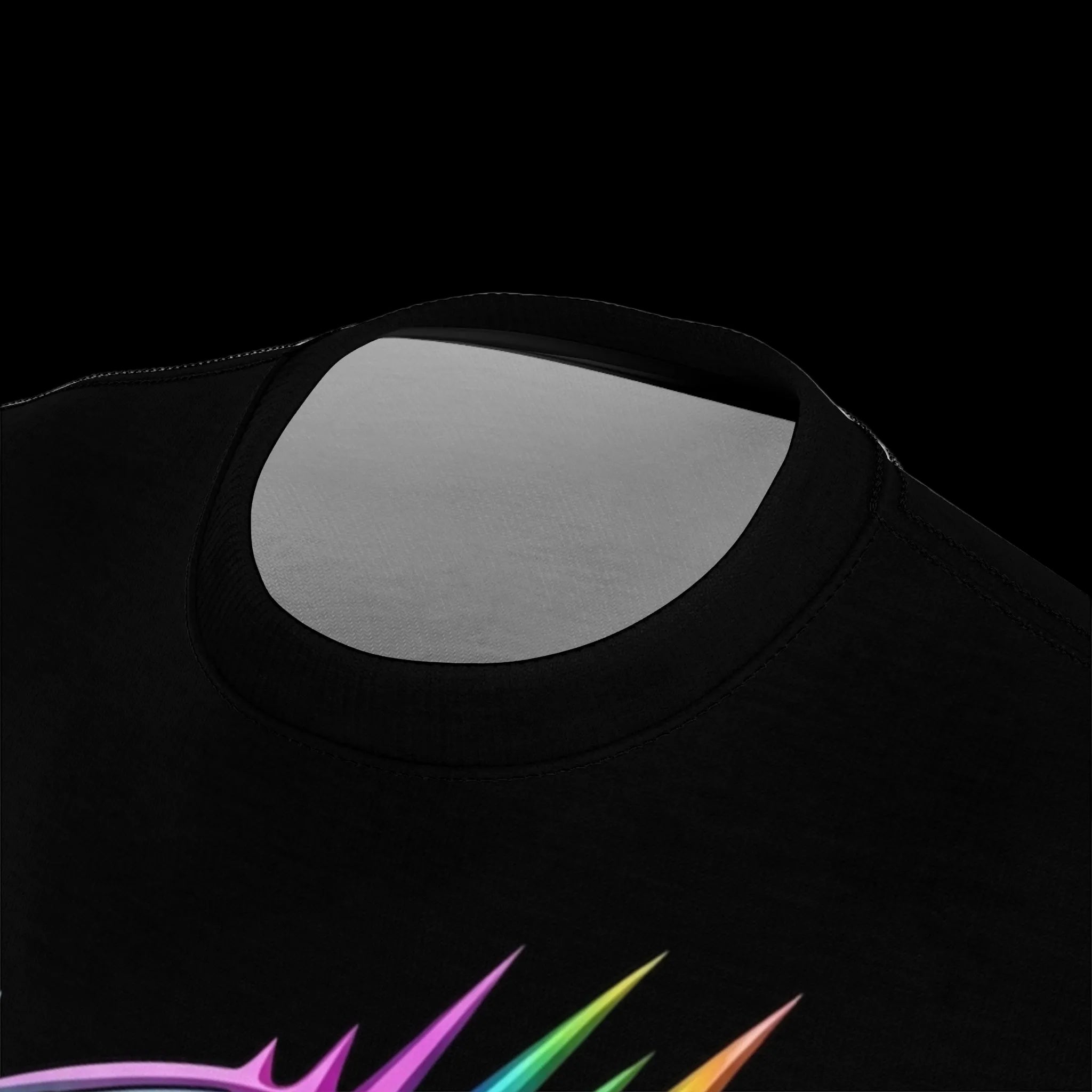 Black graphic t-shirt featuring a vibrant mechanical eye design with rainbow colors and sharp accents.