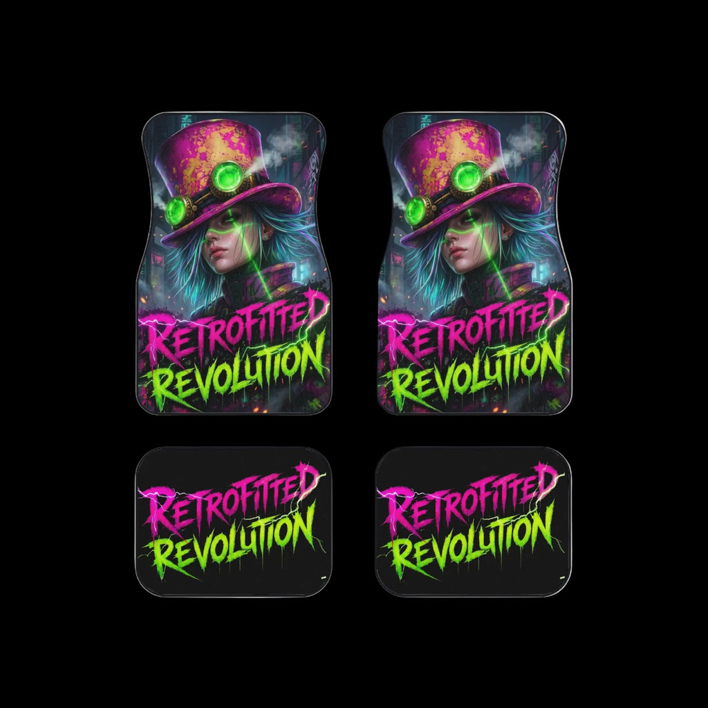 Vibrant steampunk car mats featuring a bold rider with electric teal hair and graffiti-style lettering.