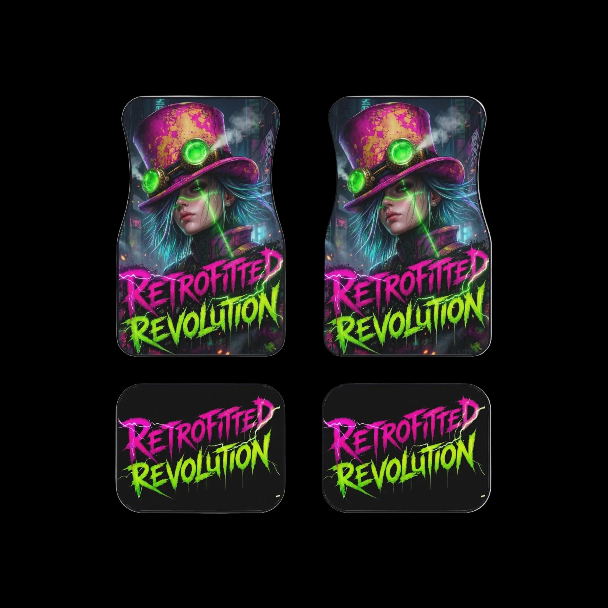 Vibrant steampunk car mats featuring a bold rider with electric teal hair and graffiti-style lettering.