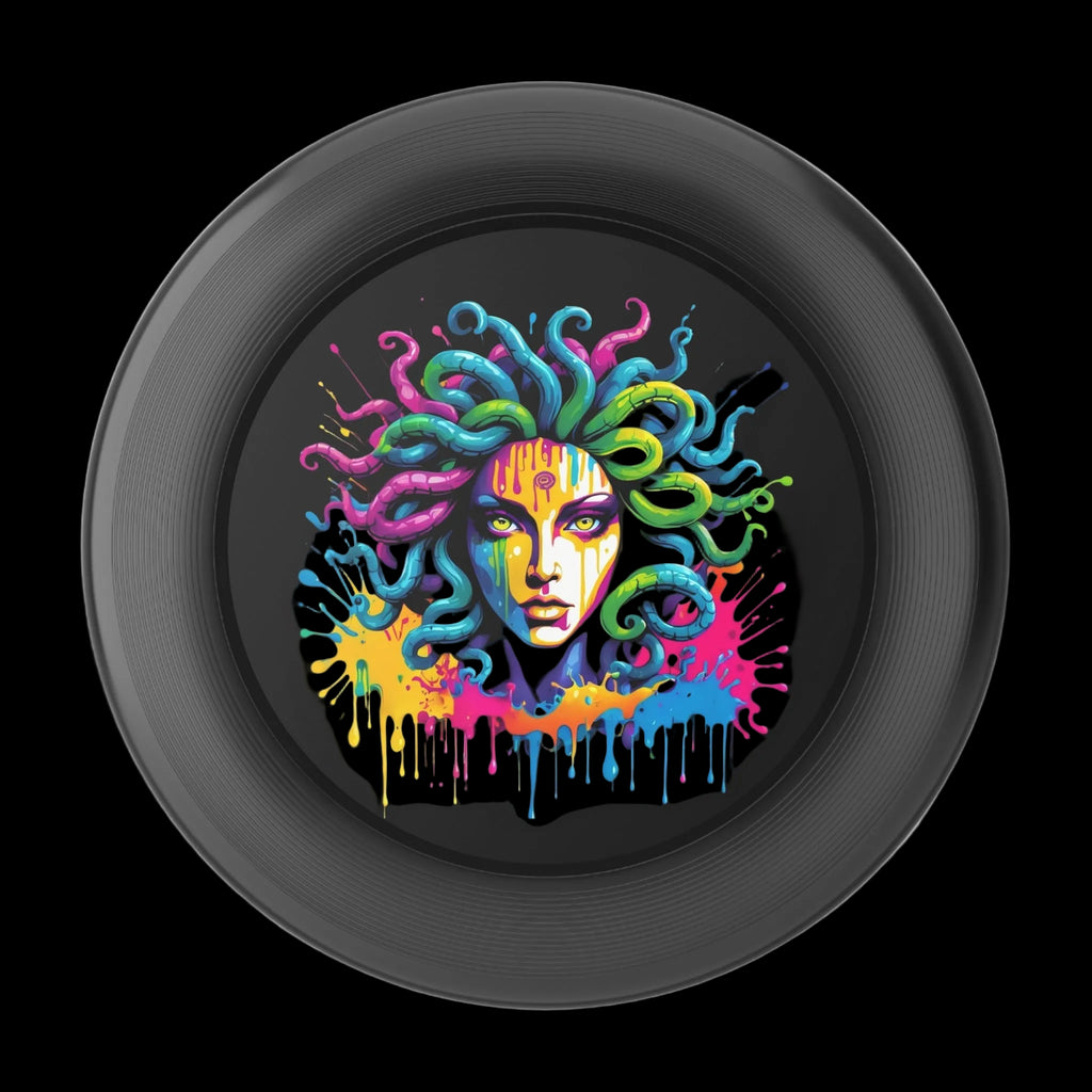 Vibrant Medusa illustration on a black background, showcasing colorful graffiti designs on a flying disc.