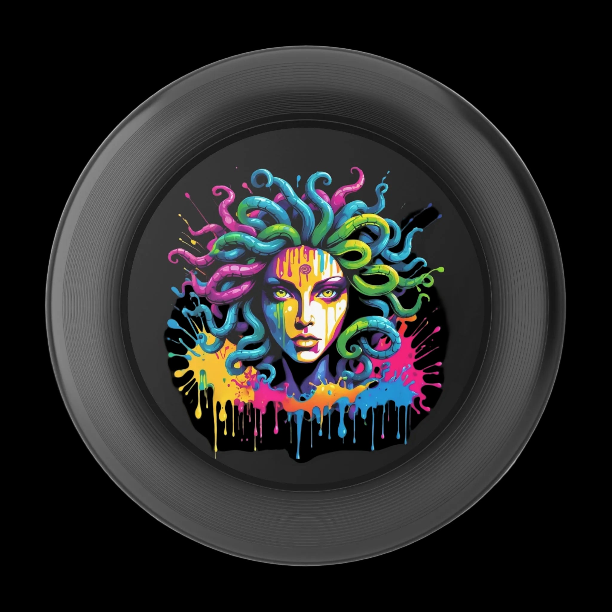 Vibrant Medusa illustration on a black background, showcasing colorful graffiti designs on a flying disc.