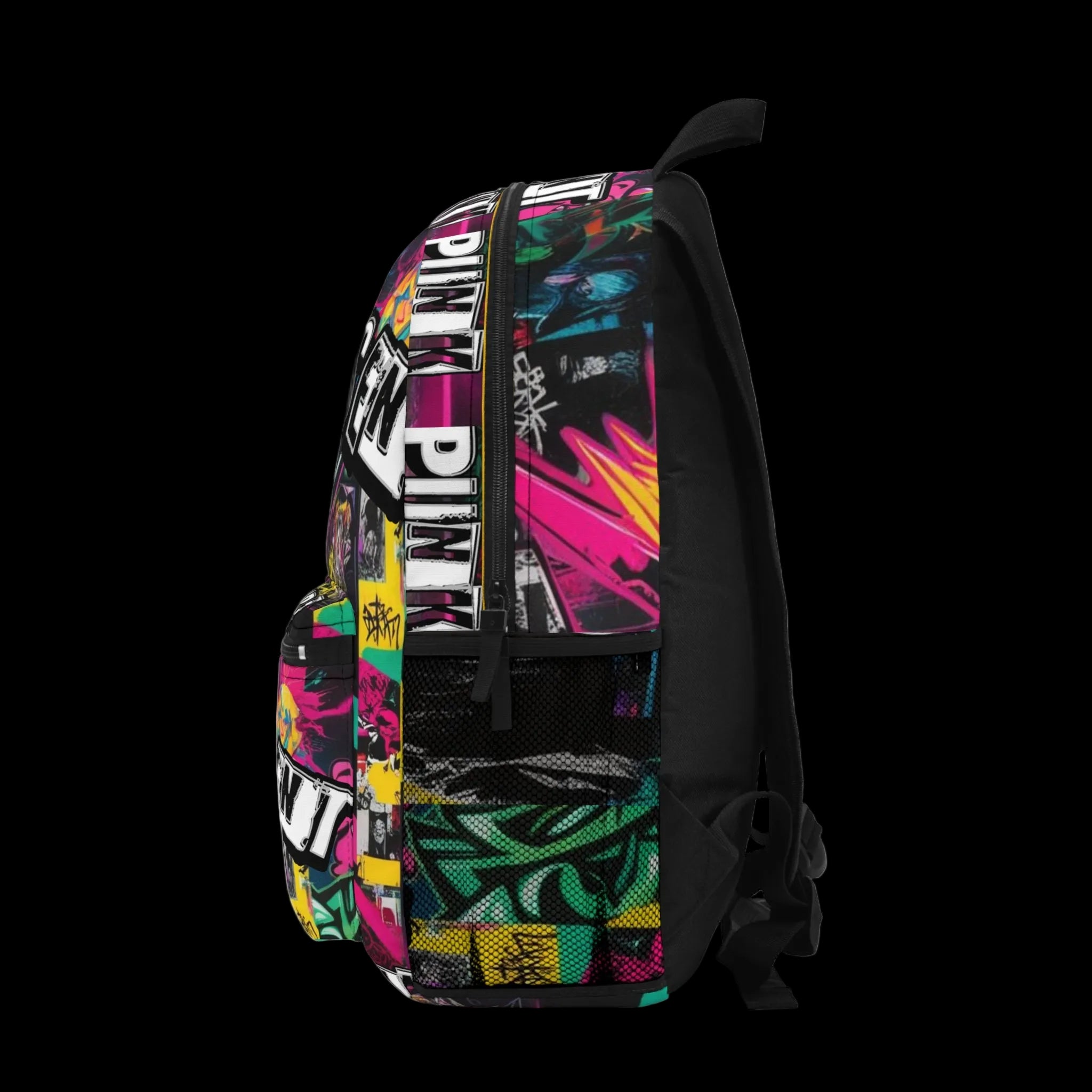 Black Rebel's Cry backpack with edgy chic design featuring chaos kitten artwork, made by Printify, showing front view of the bag.