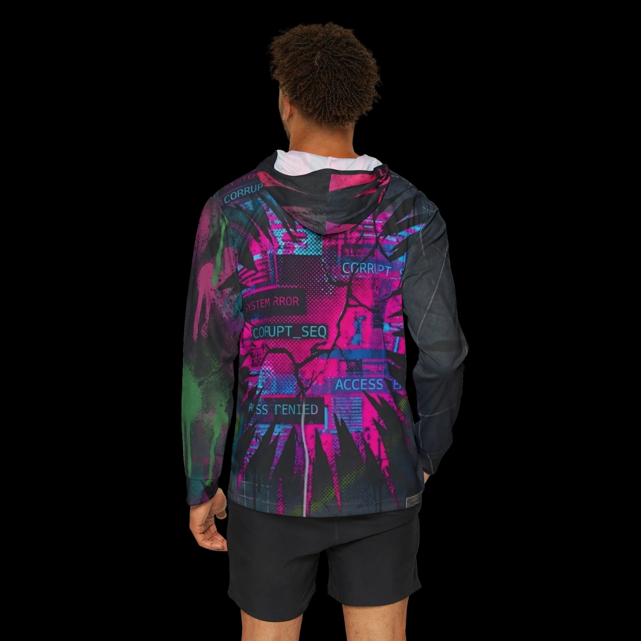 All-over print Corrupt Chaos Warmup Hoodie by Chaos Kitten Emporium® featuring bold, chaotic design in vibrant colors.