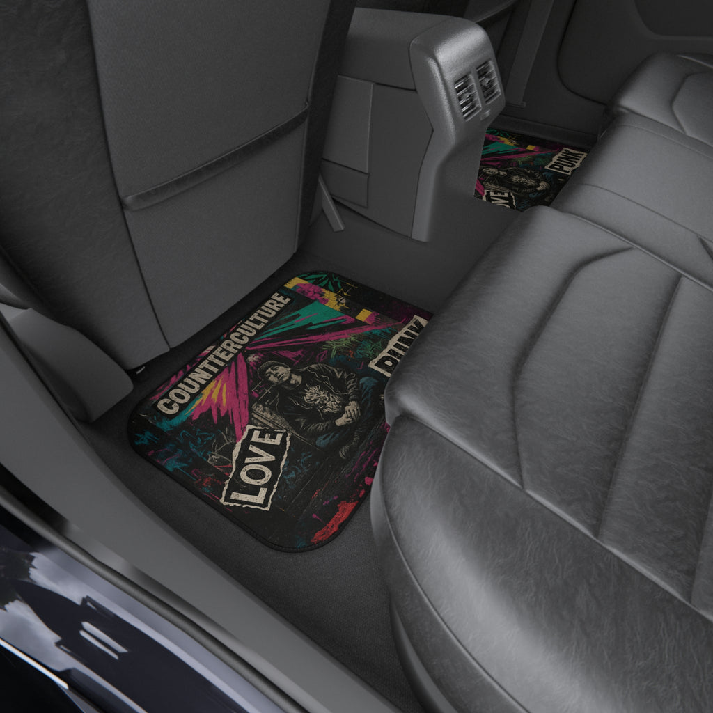 Black Dissent car mats with gothic design, made by Printify for Chaos Kitten Emporium, featuring intricate patterns and durable material.