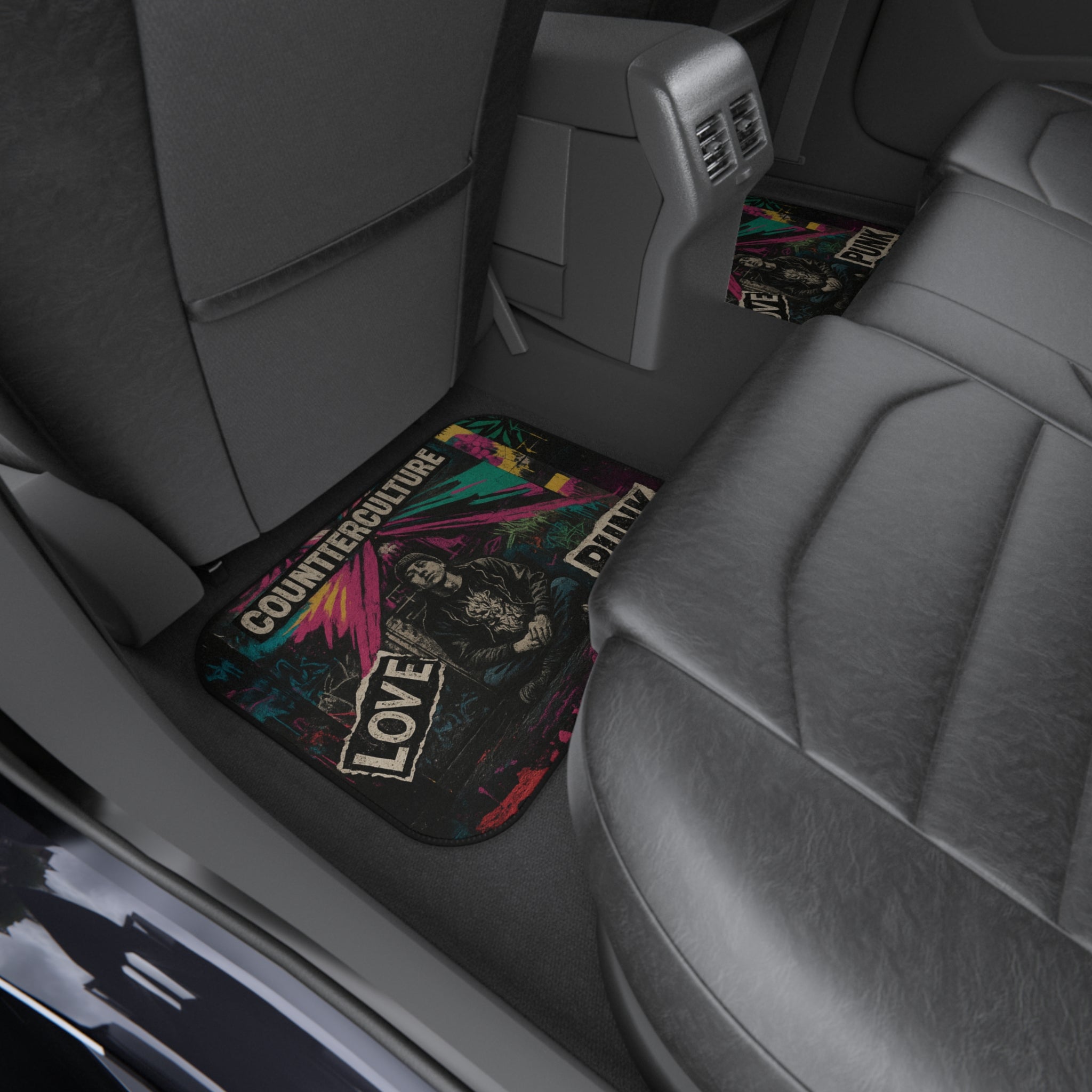Black Dissent car mats with gothic design, made by Printify for Chaos Kitten Emporium, featuring intricate patterns and durable material.
