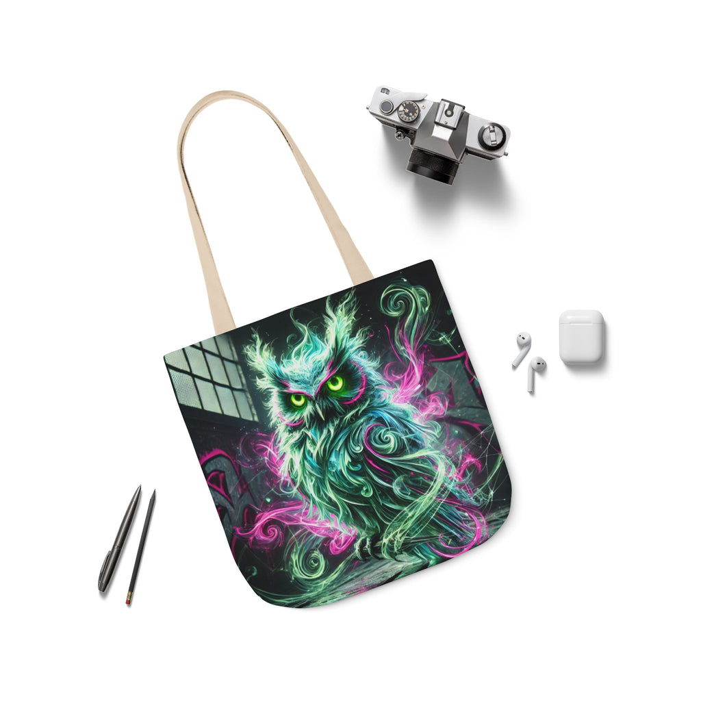 Mystic Owl all-over print tote bag featuring gothic owl design, made by Printify, with vibrant black and white gothic pattern.