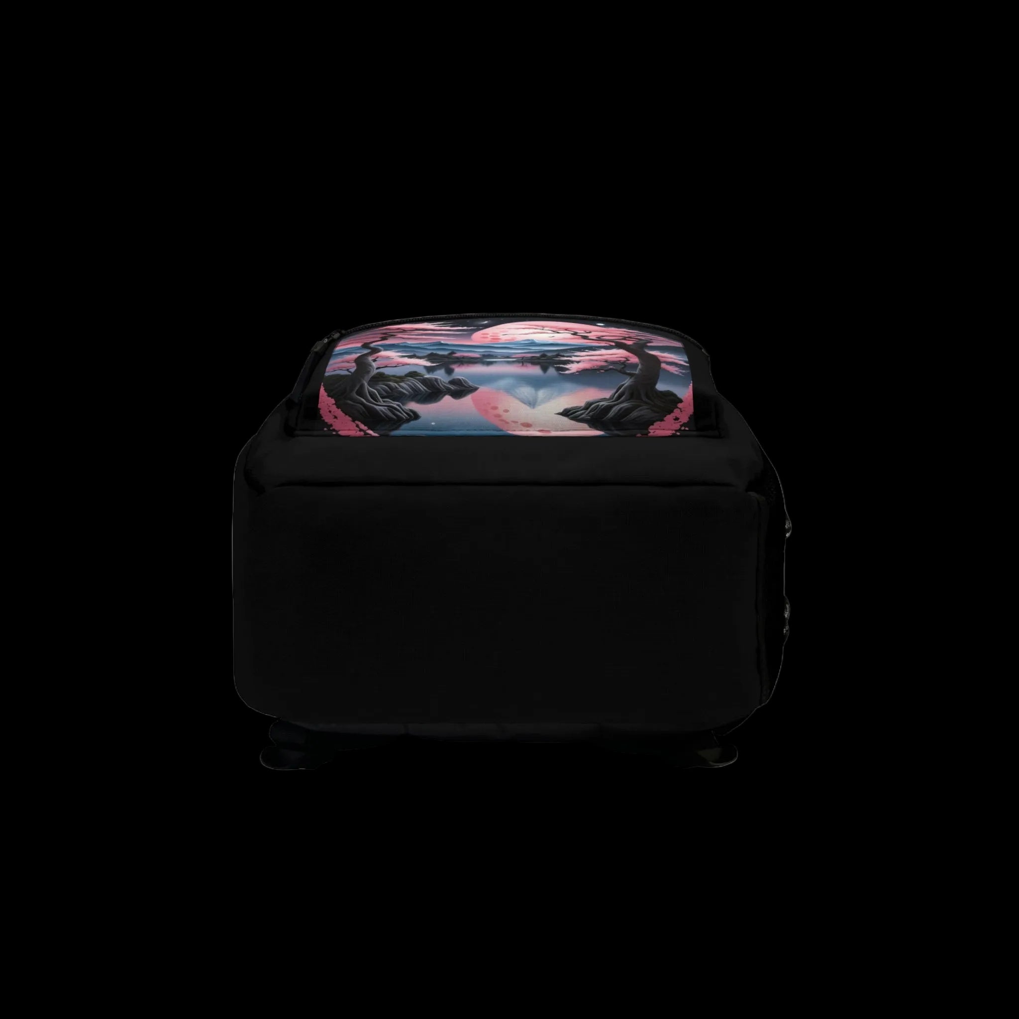 Serene landscape backpack featuring mountains and cherry blossoms in soft pinks and blues, perfect for travel and school.
