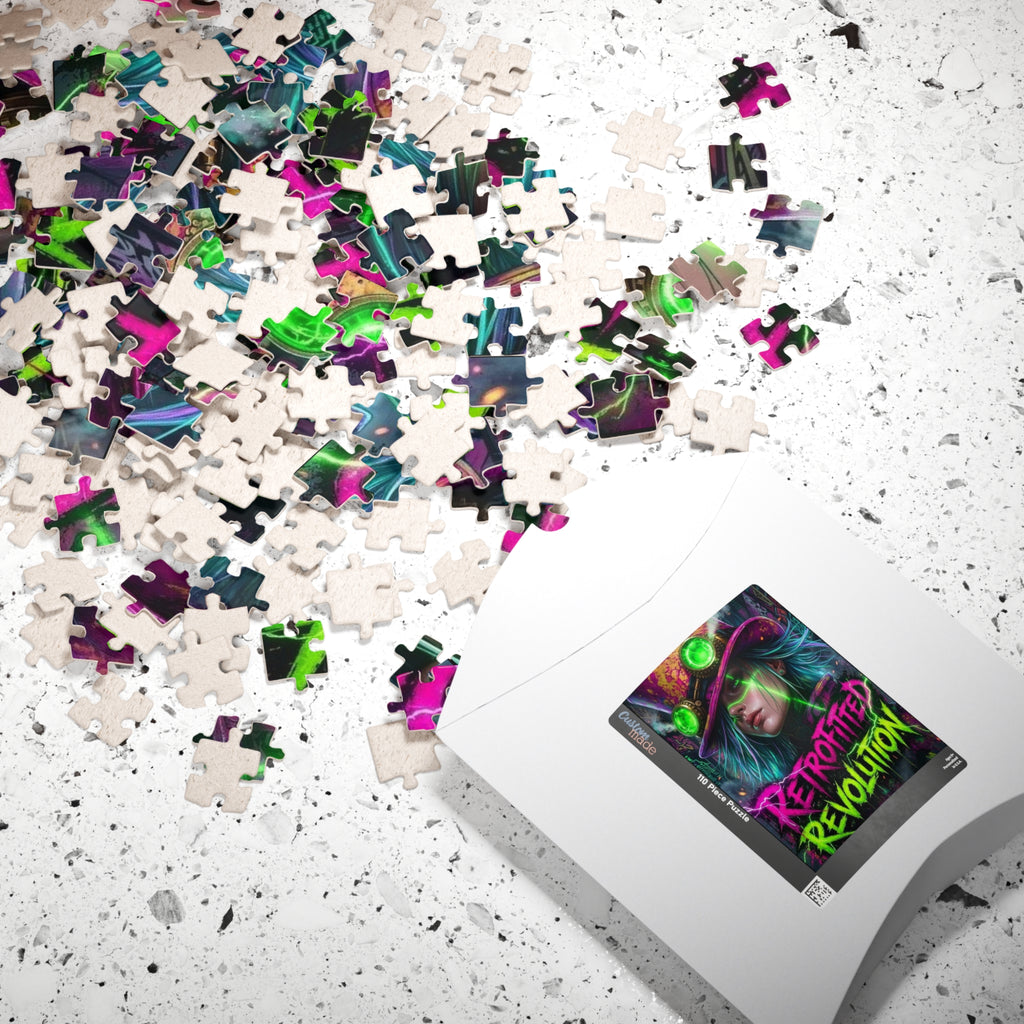 Scattered jigsaw puzzle pieces in vibrant colors with a steampunk figure design on the partially visible box.