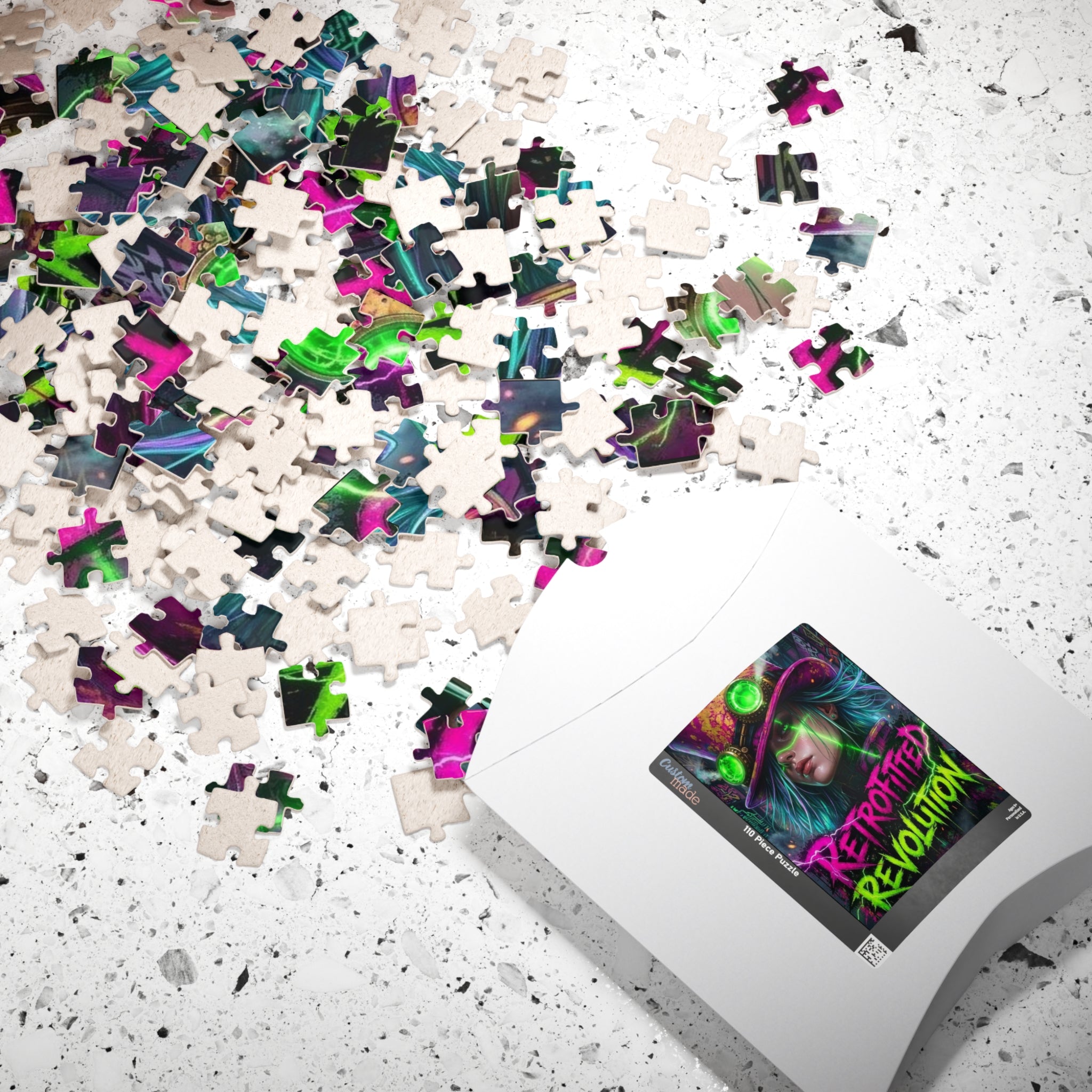 Scattered jigsaw puzzle pieces in vibrant colors with a steampunk figure design on the partially visible box.