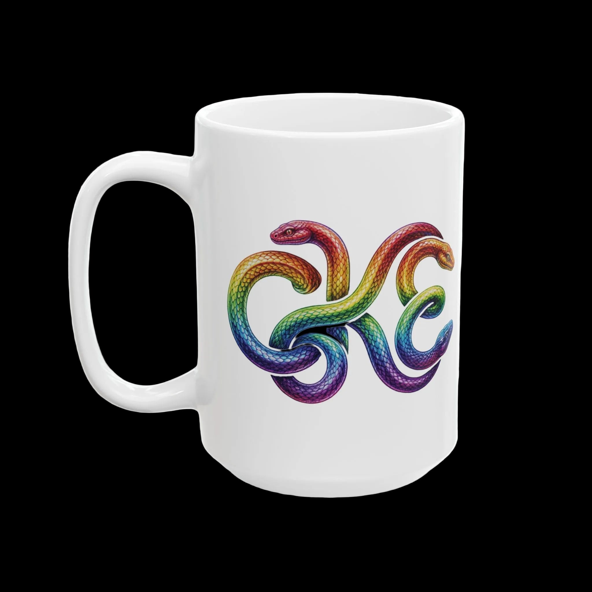Colorful ceramic mug featuring a Medusa design with vibrant serpent hues and a white handle.