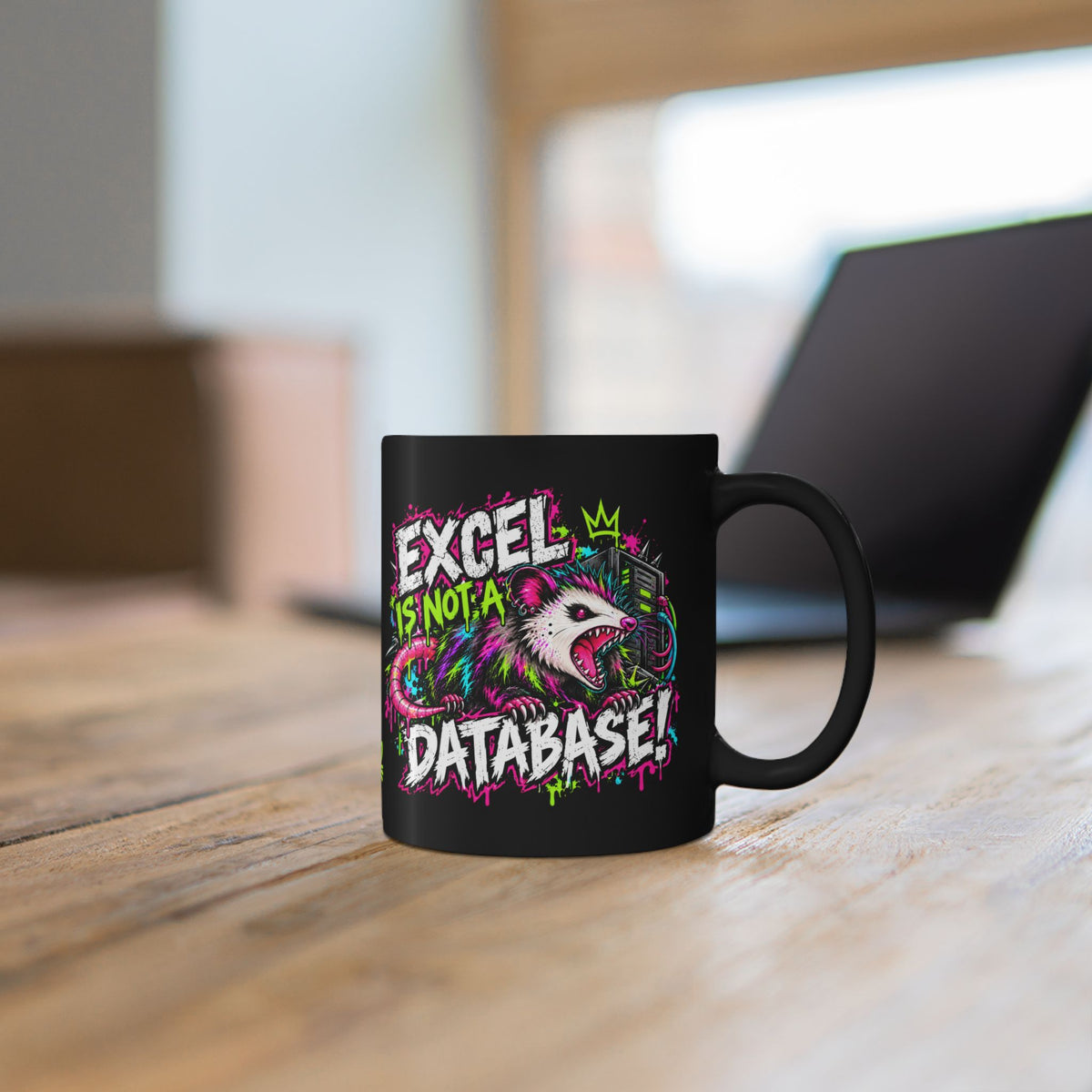 a black mug with a colorful design on it